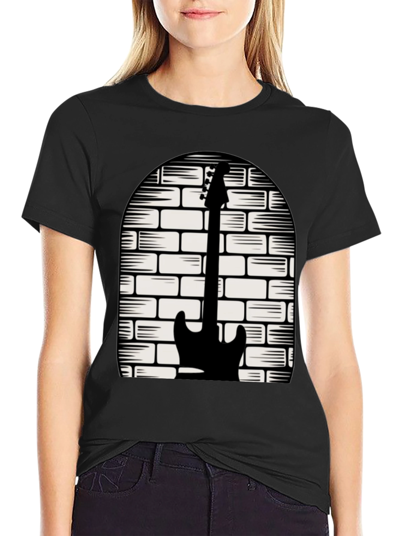 Camiseta Negra con Diseño de Guitarra y Ladrillos