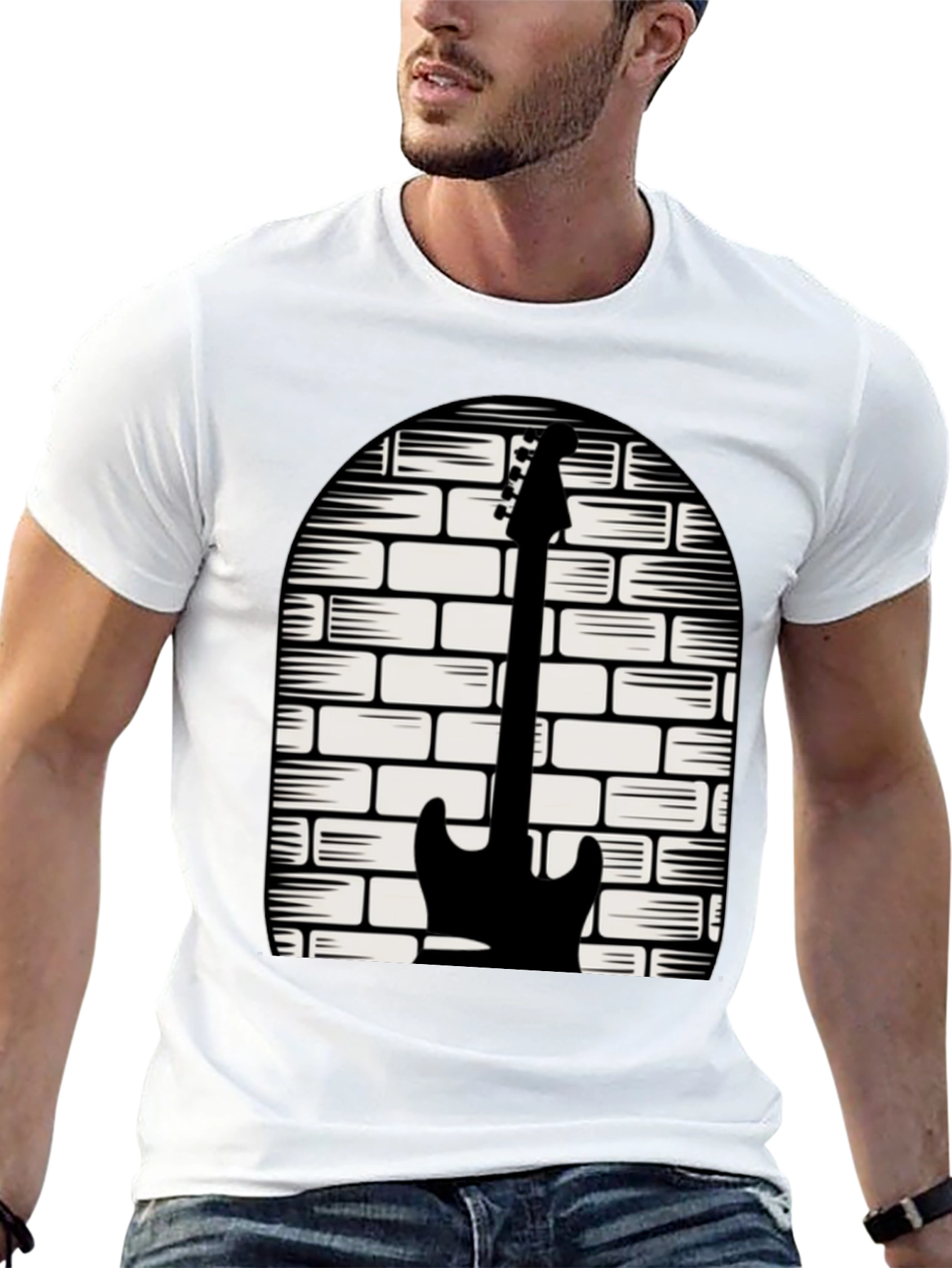 Camiseta Negra con Diseño de Guitarra y Ladrillos