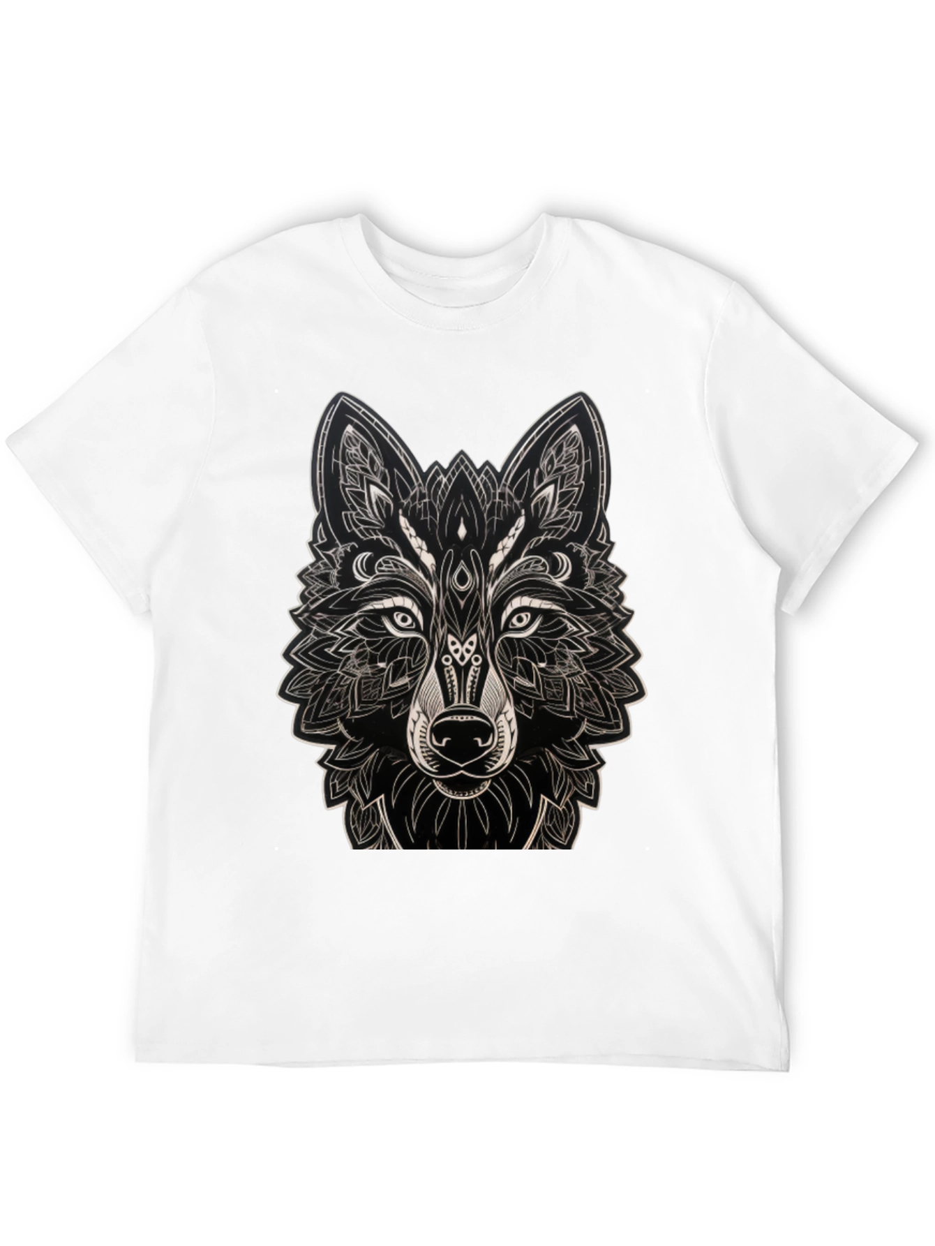 Camiseta Negra con Diseño de Lobo Mandala