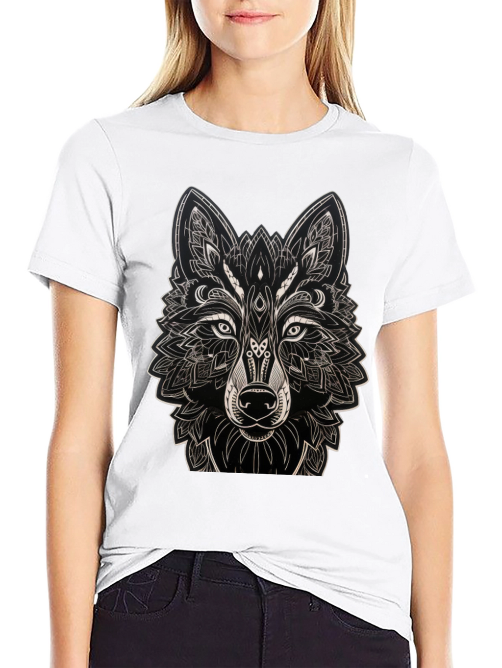 Camiseta Negra con Diseño de Lobo Mandala