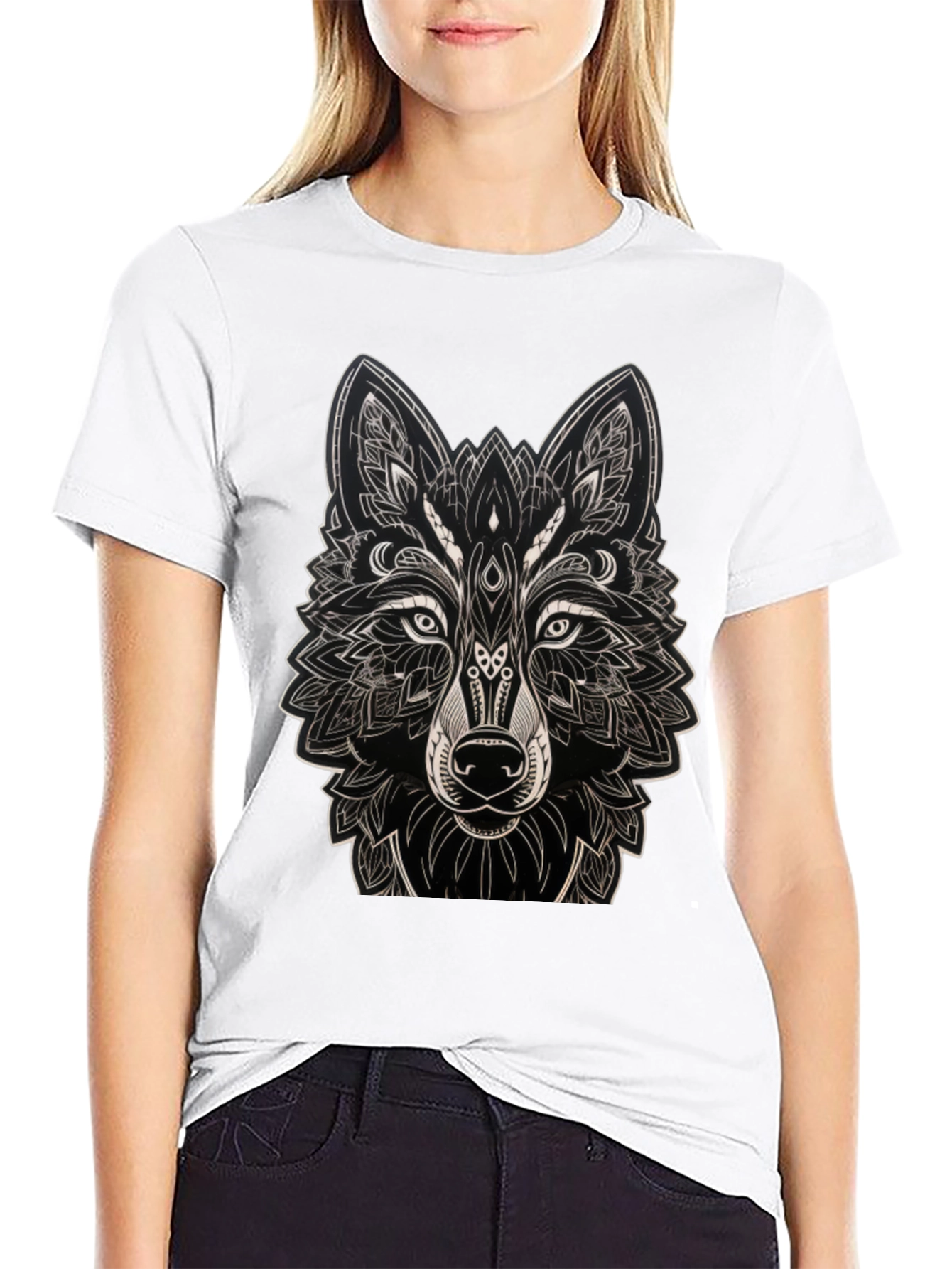 Camiseta Negra con Diseño de Lobo Mandala