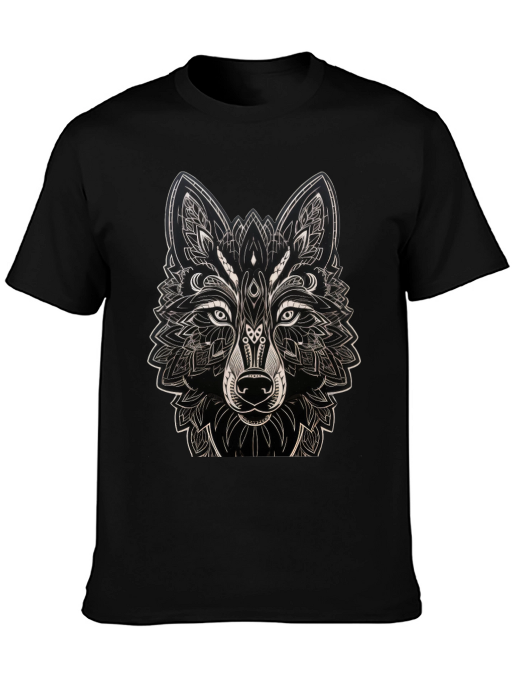 Camiseta Negra con Diseño de Lobo Mandala