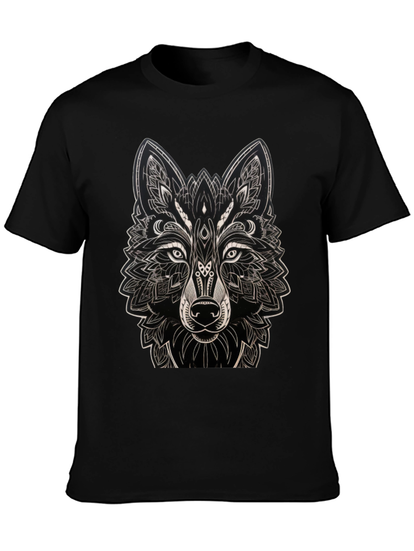 Camiseta Negra con Diseño de Lobo Mandala