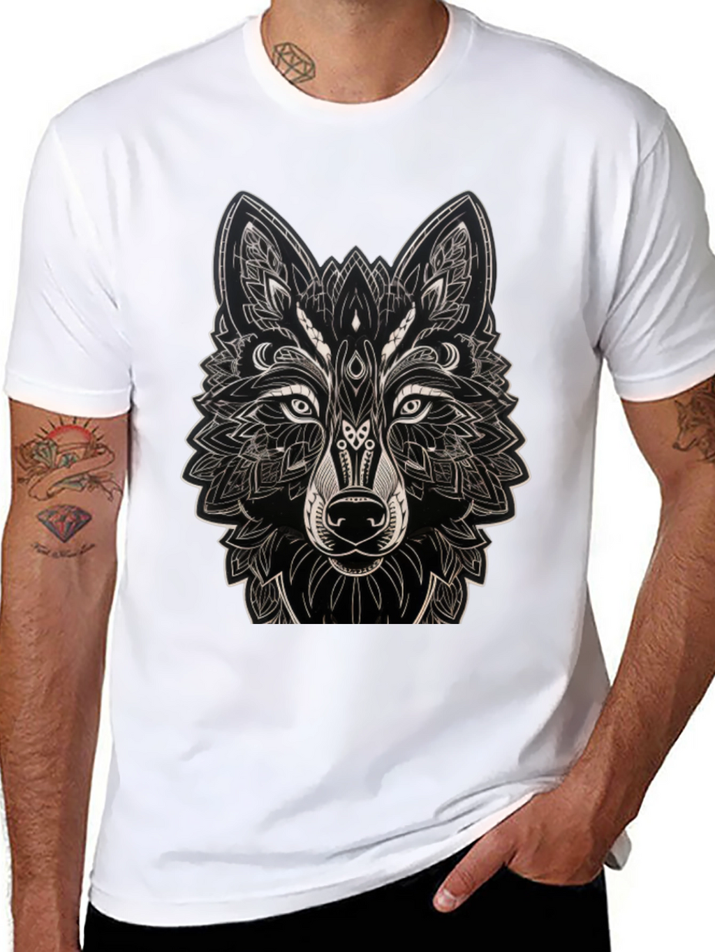 Camiseta Negra con Diseño de Lobo Mandala