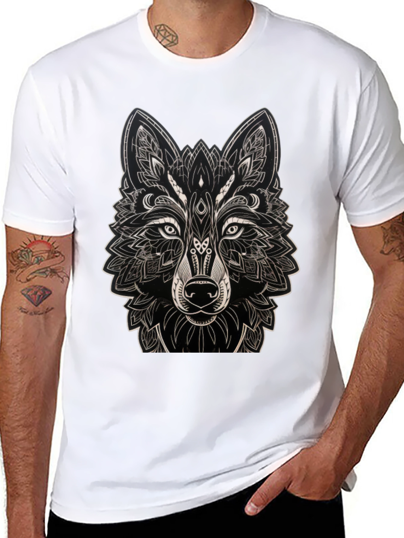 Camiseta Negra con Diseño de Lobo Mandala