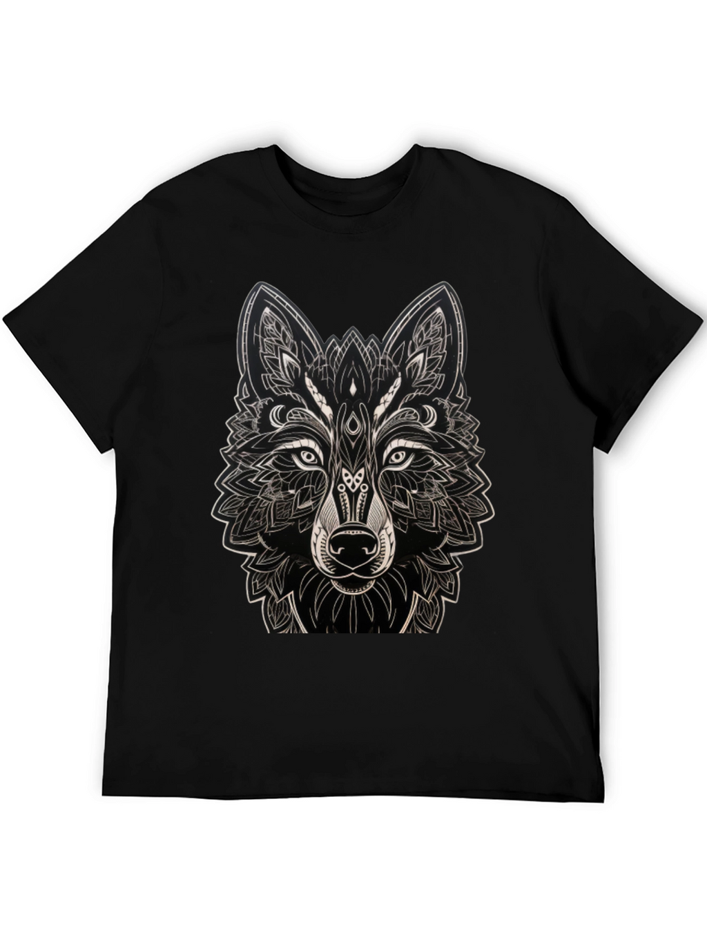 Camiseta Negra con Diseño de Lobo Mandala
