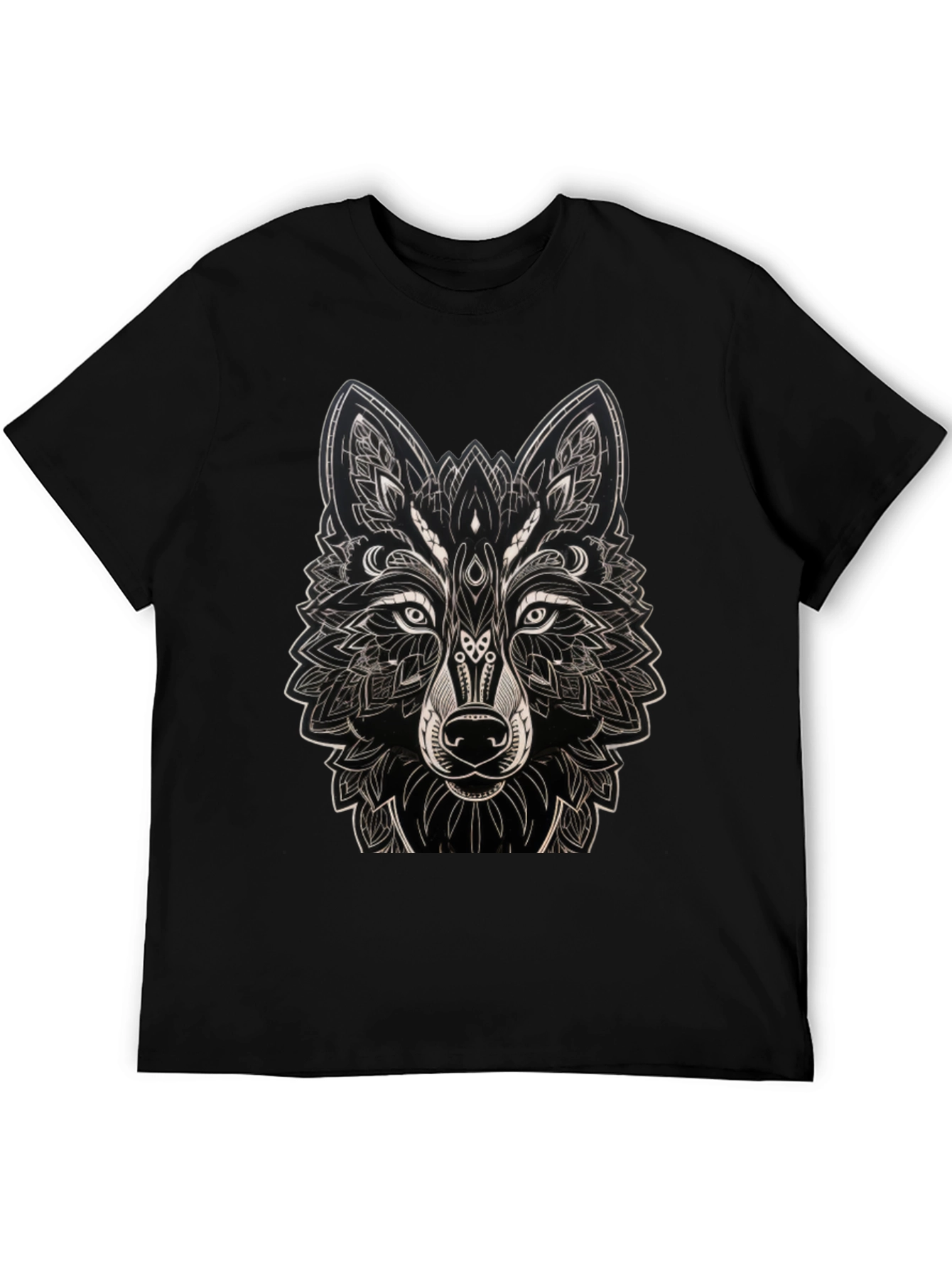 Camiseta Negra con Diseño de Lobo Mandala