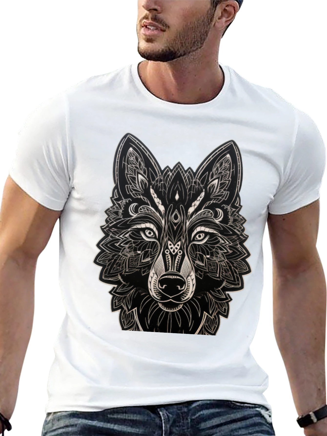 Camiseta Negra con Diseño de Lobo Mandala