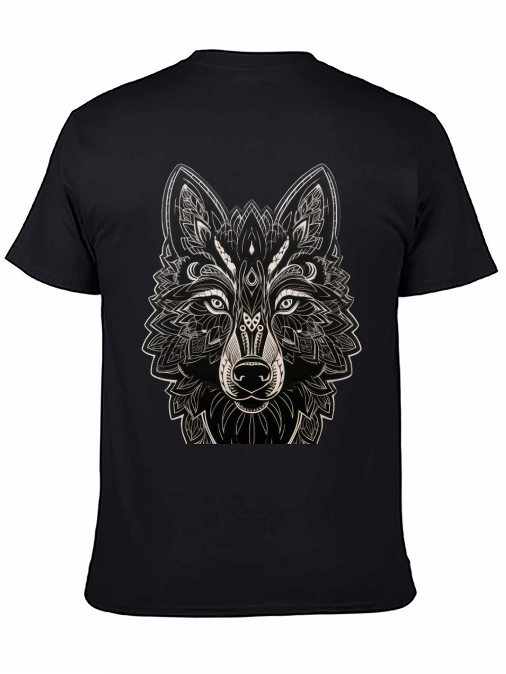 Camiseta Negra con Diseño de Lobo Mandala