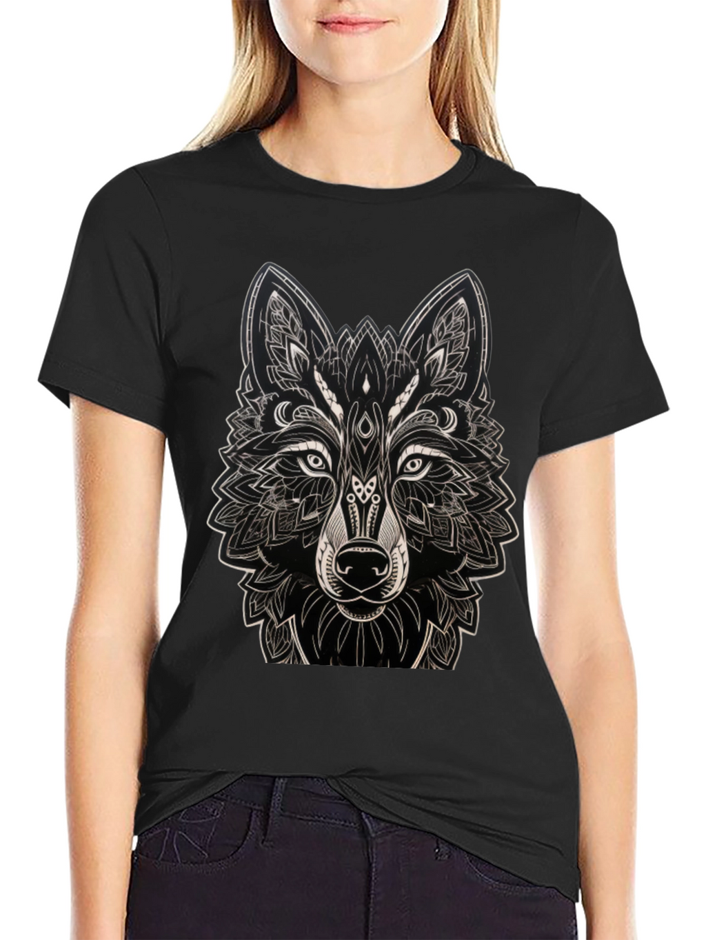 Camiseta Negra con Diseño de Lobo Mandala
