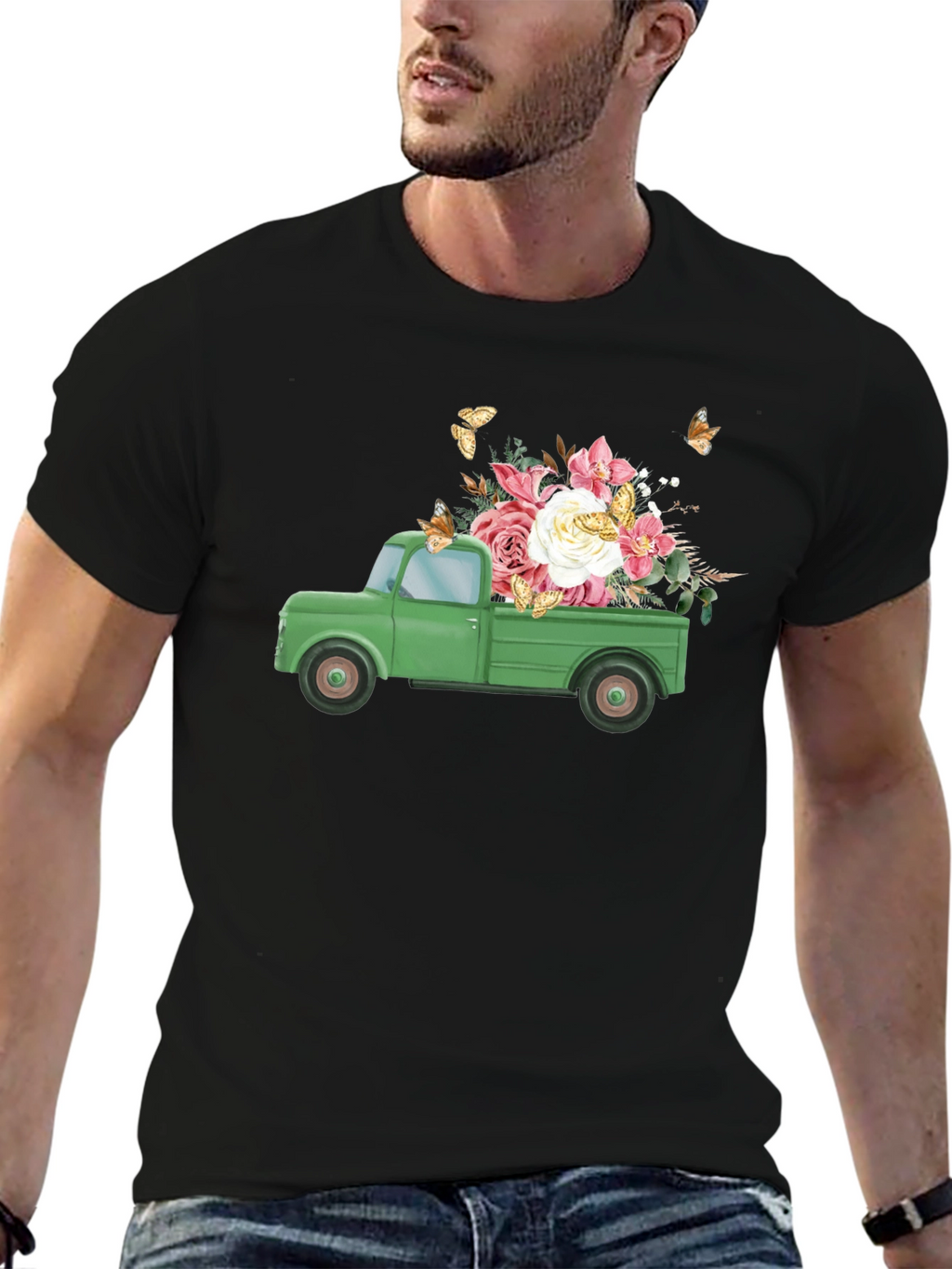 Camiseta Negra con Camioneta y Flores
