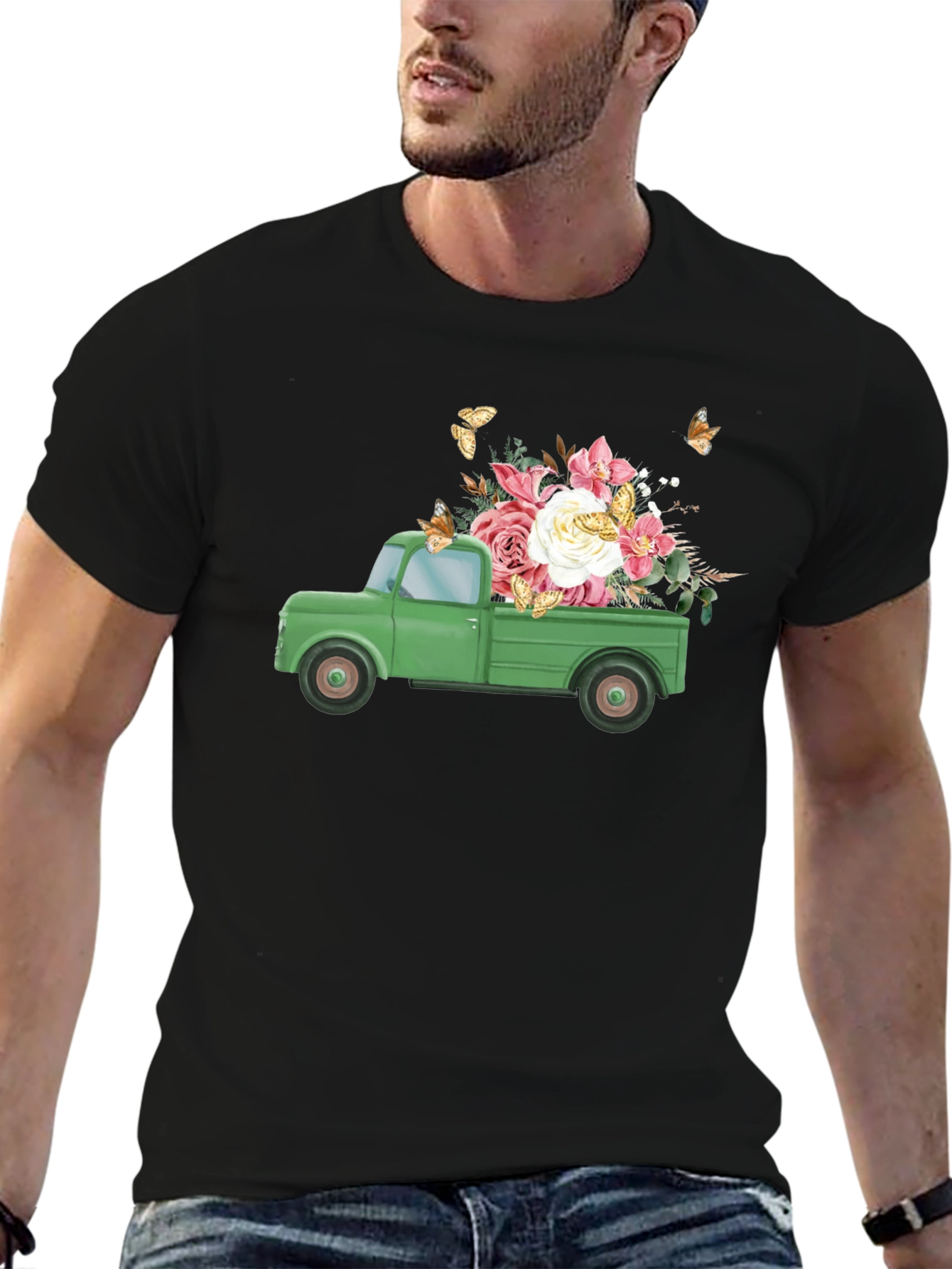 Camiseta Negra con Camioneta y Flores