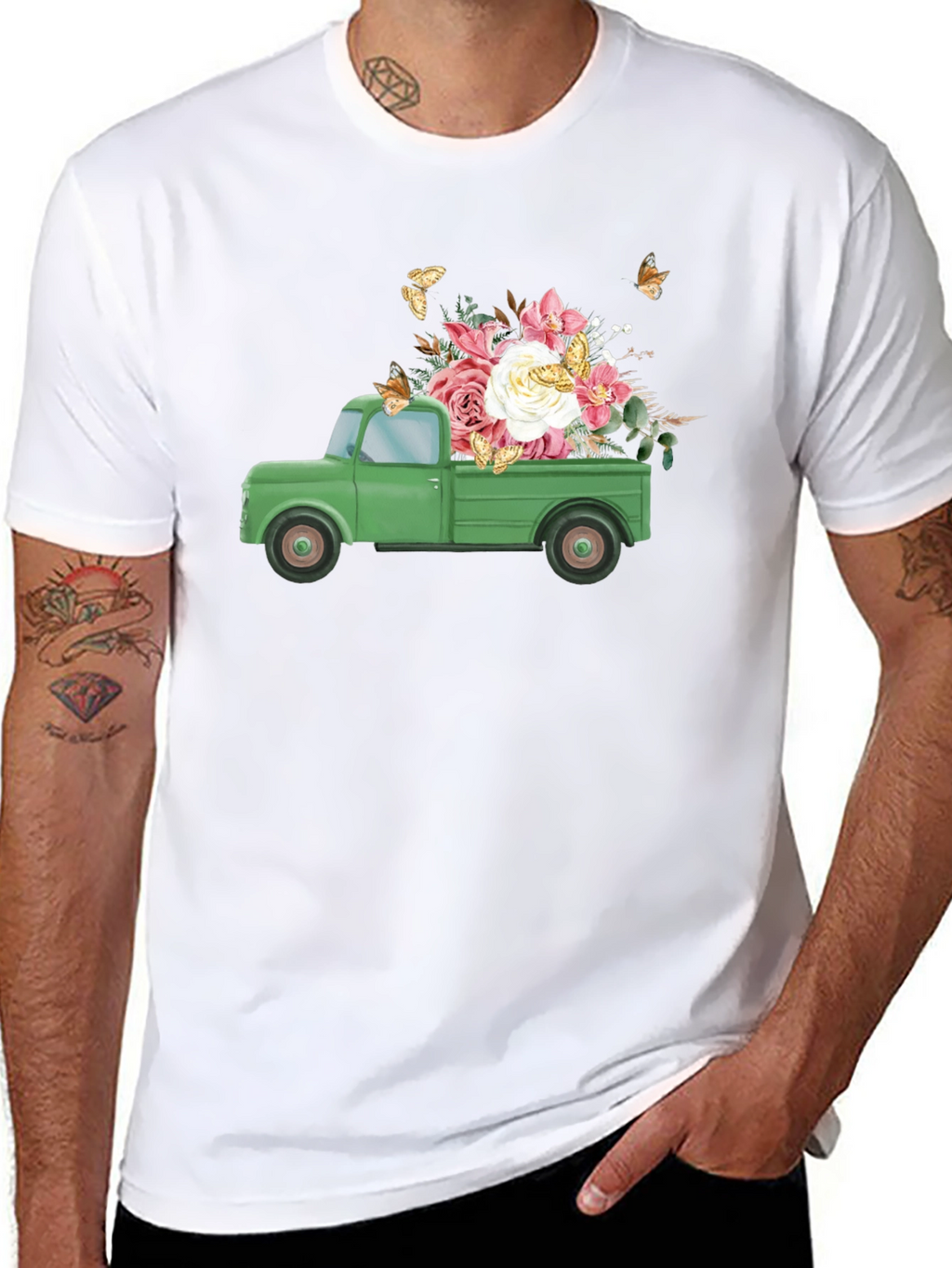 Camiseta Negra con Camioneta y Flores