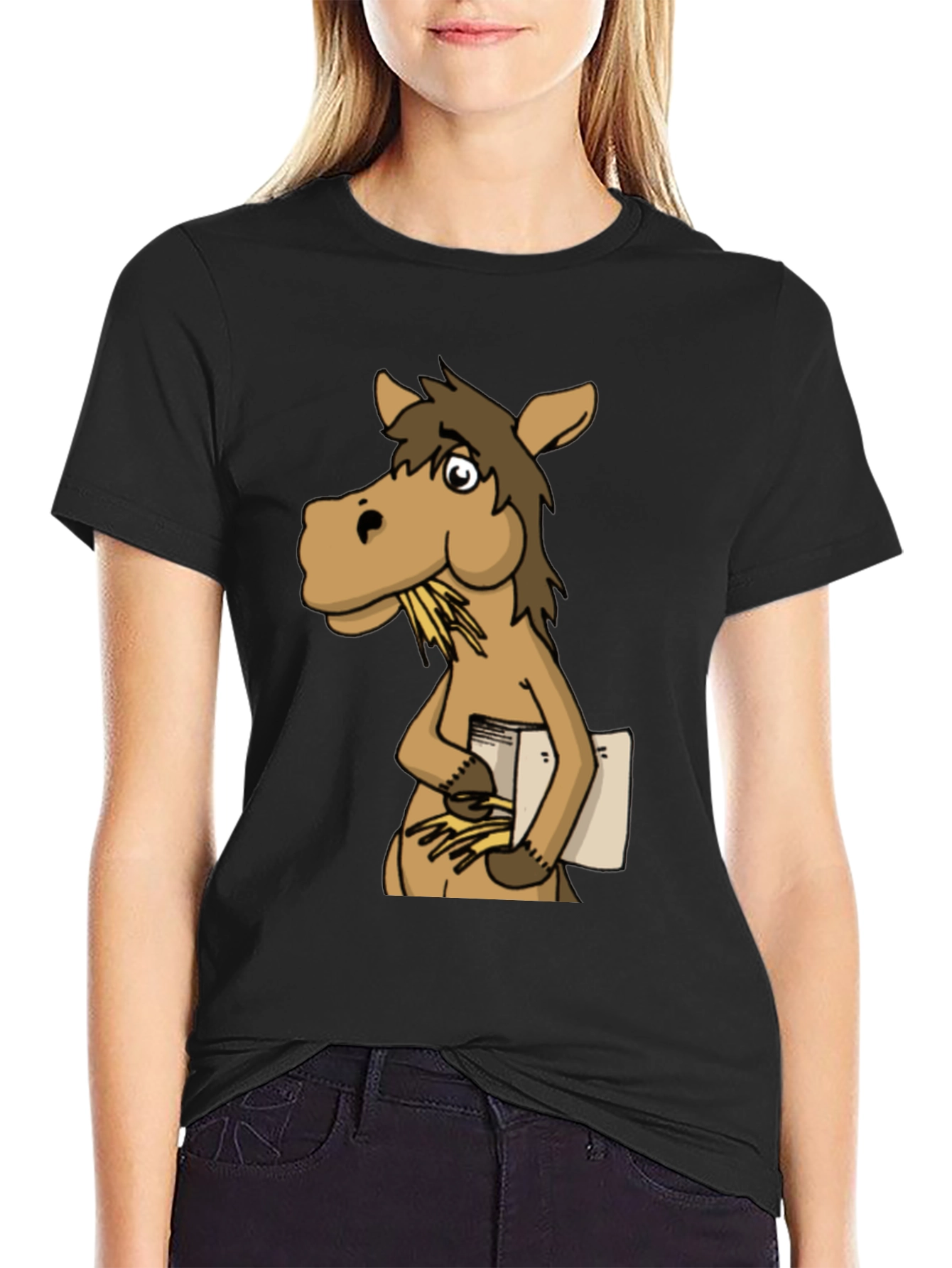 Camiseta Negra con Diseño de Caballo Lector