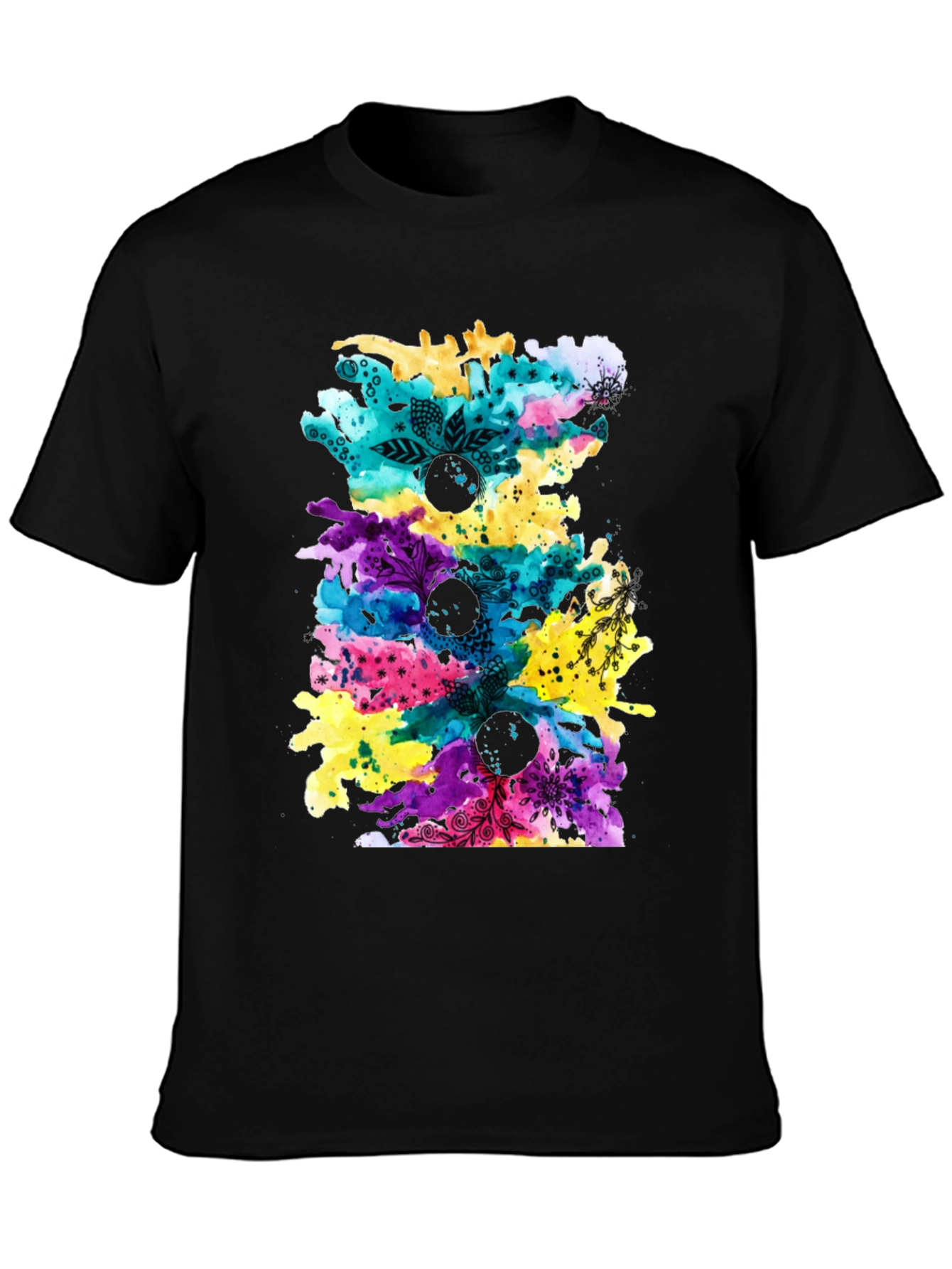 Camiseta Negra con Diseño Abstracto Multicolor