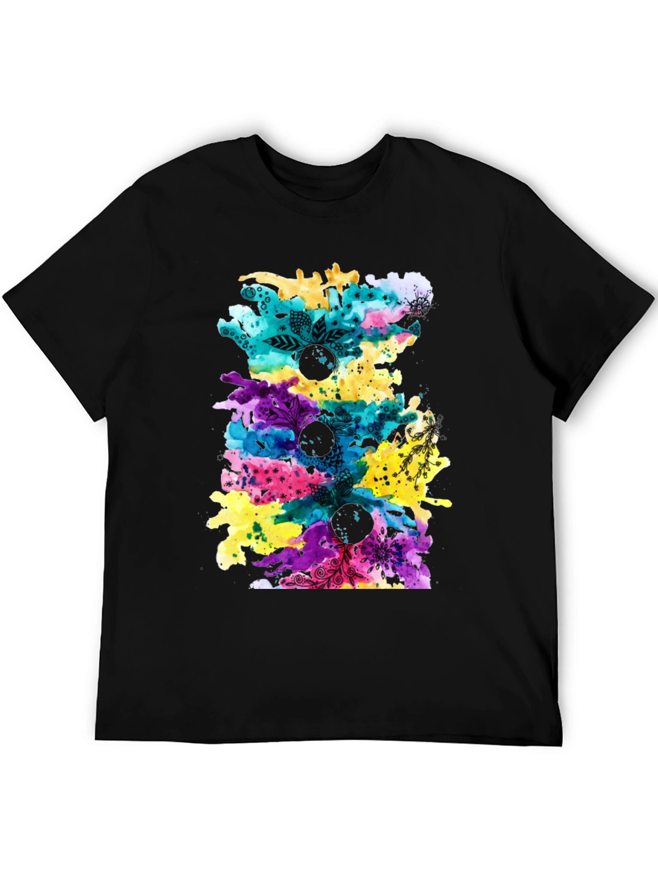 Camiseta Negra con Diseño Abstracto Multicolor