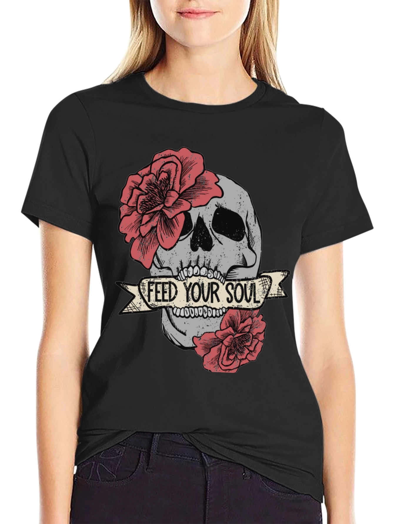 Camiseta Negra Calavera Floral Alimenta Tu Alma