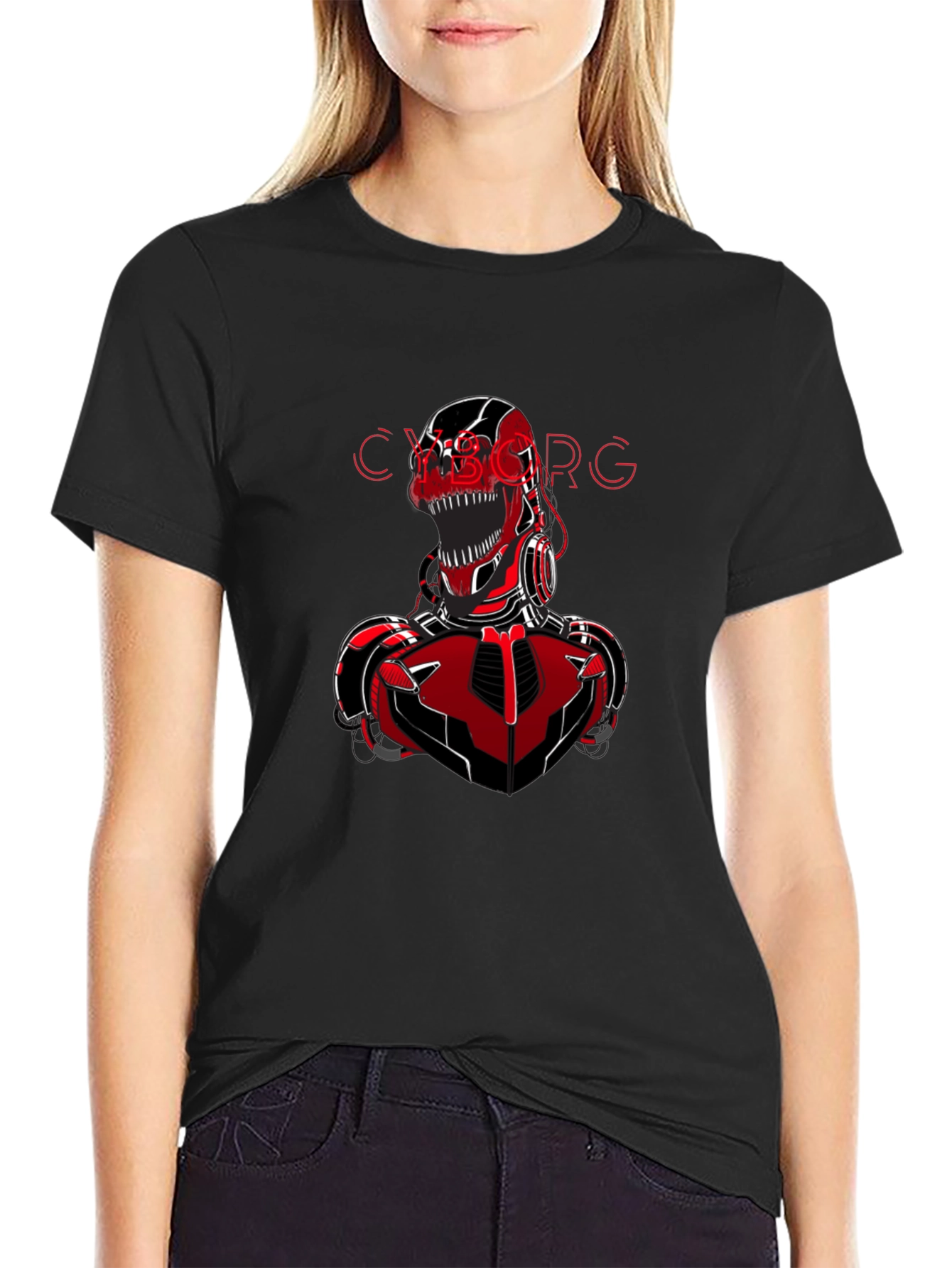 Camiseta Negra con Diseño de Cyborg T-Rex Rojo