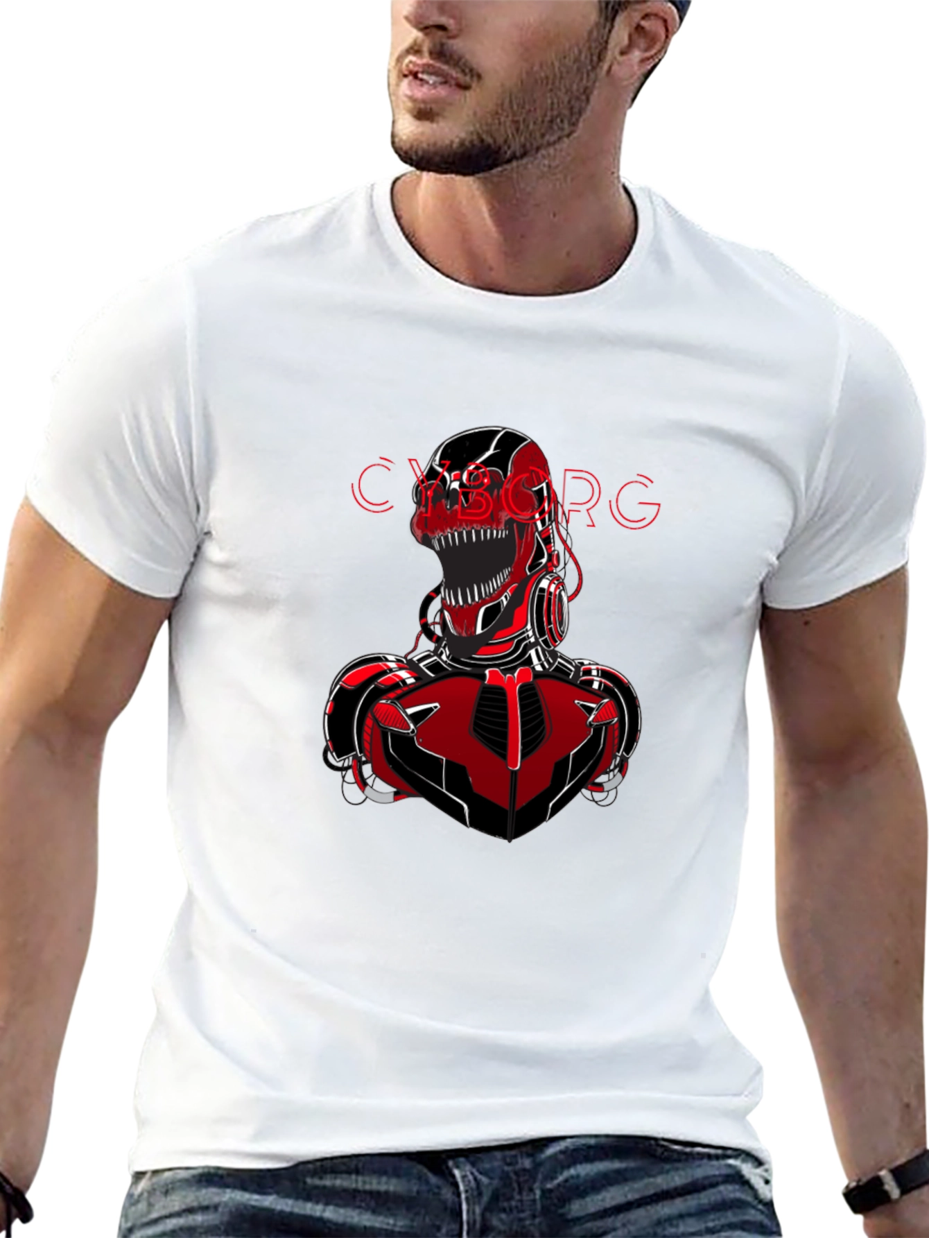 Camiseta Negra con Diseño de Cyborg T-Rex Rojo
