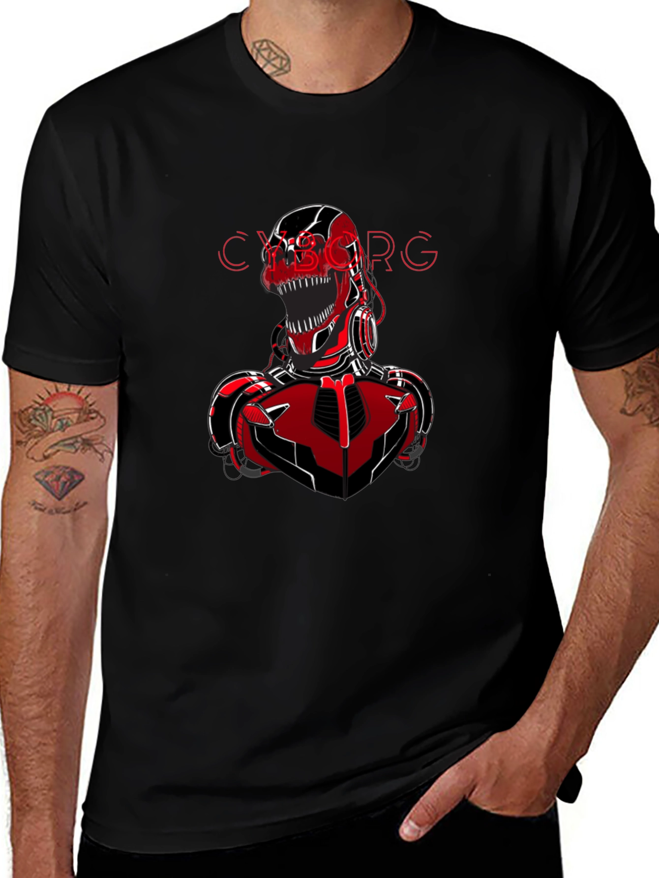 Camiseta Negra con Diseño de Cyborg T-Rex Rojo