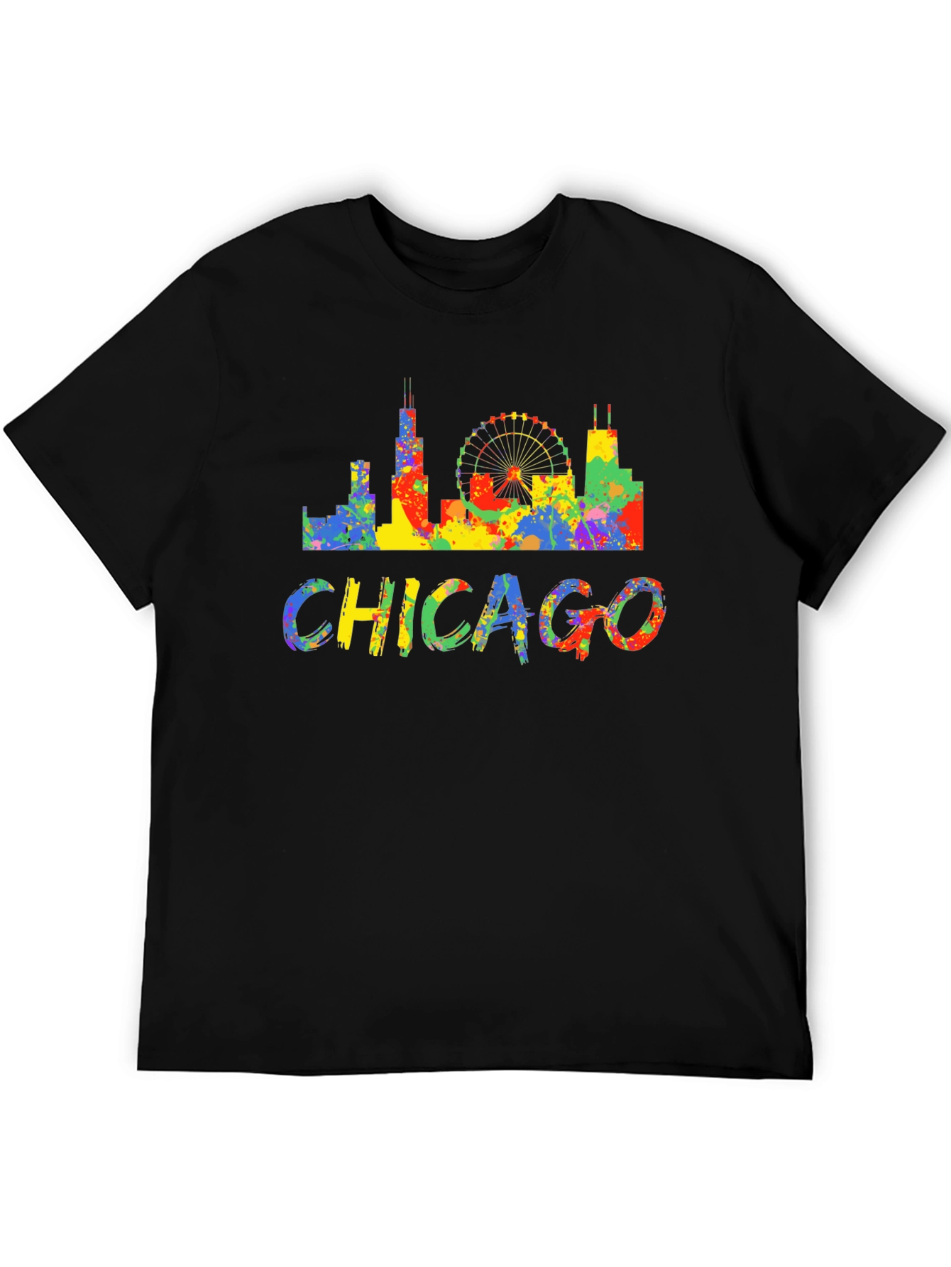 Camiseta Negra Chicago Skyline Colorida Hombre