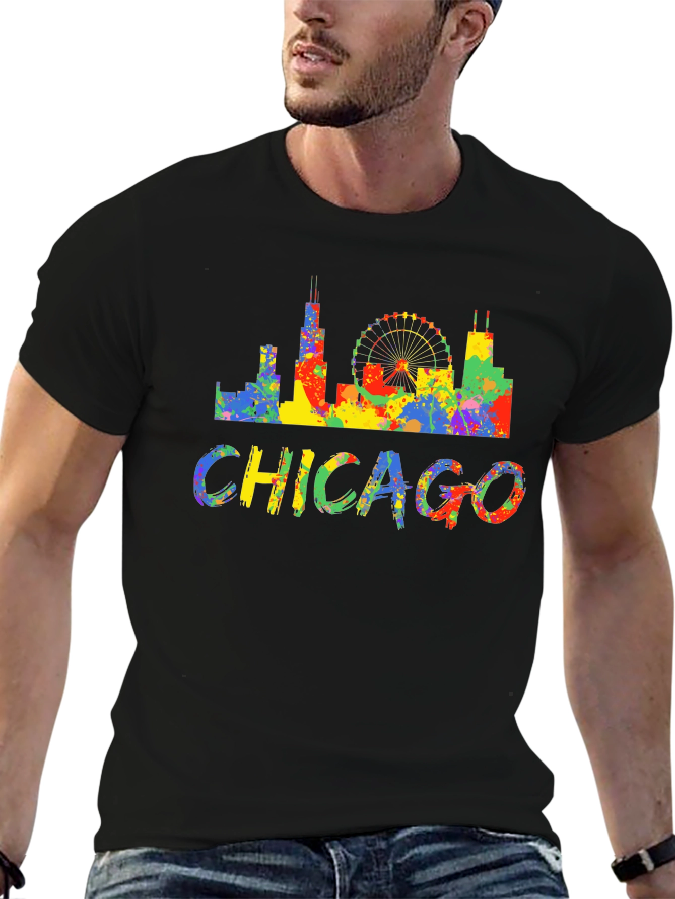 Camiseta Negra Chicago Skyline Colorida Hombre