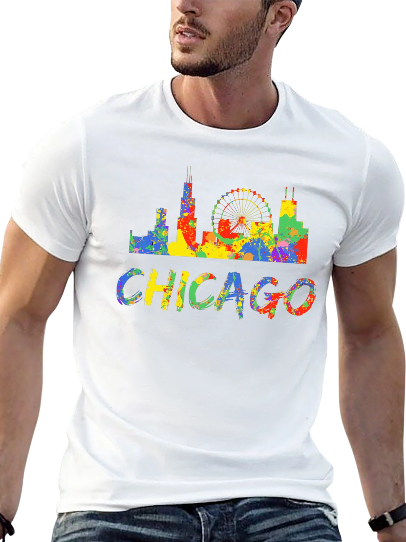 Camiseta Negra Chicago Skyline Colorida Hombre