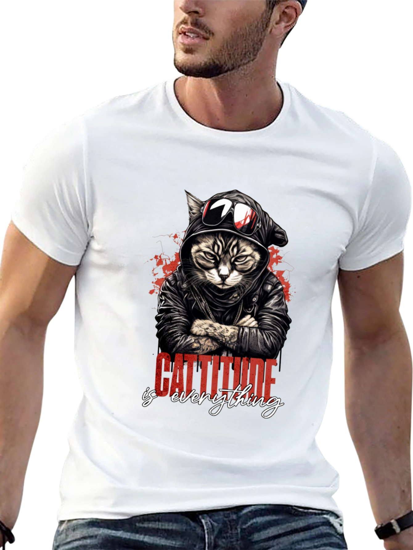 Camiseta Negra con Diseño de Gato Motero Cattitude