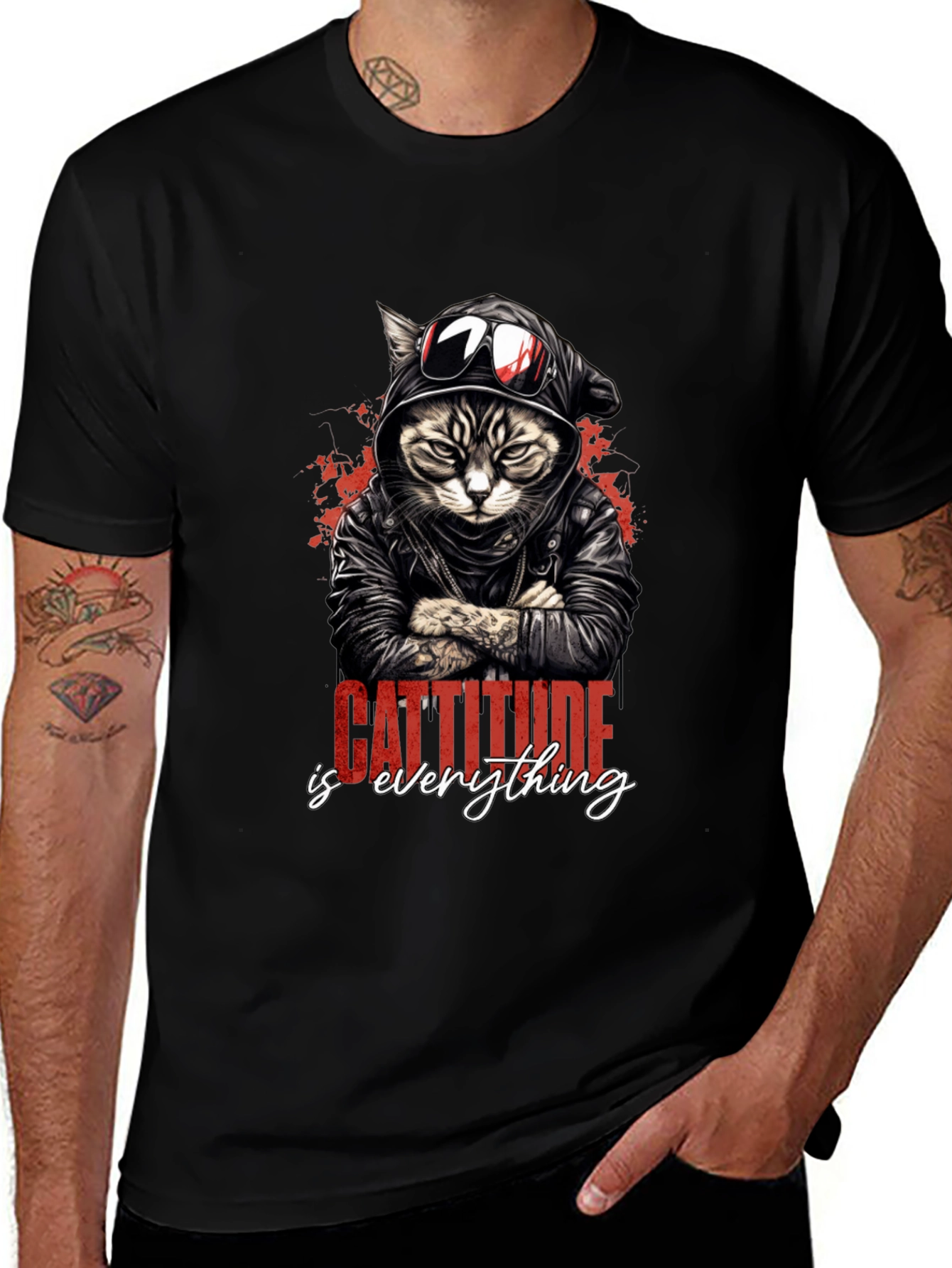 Camiseta Negra con Diseño de Gato Motero Cattitude