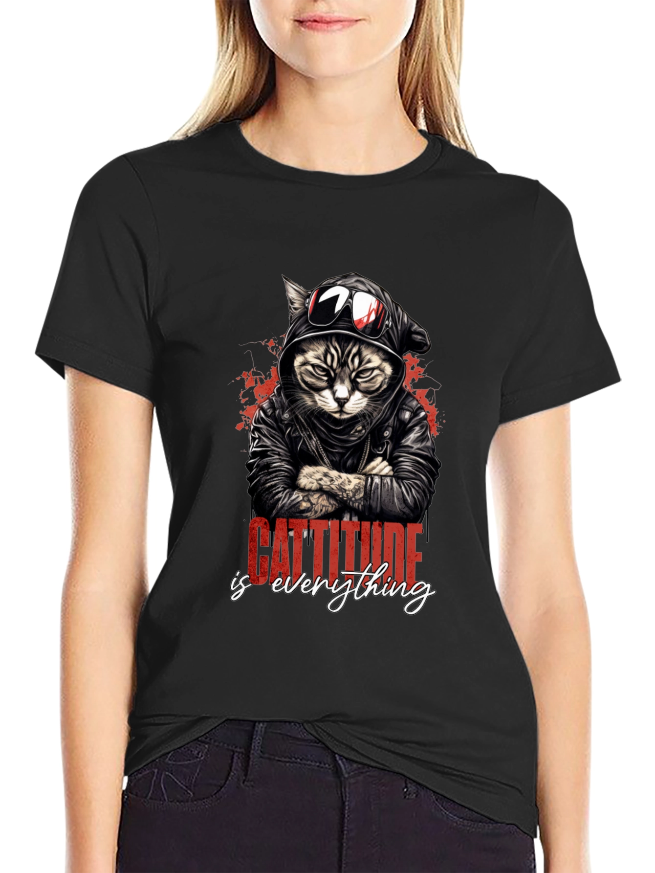 Camiseta Negra con Diseño de Gato Motero Cattitude