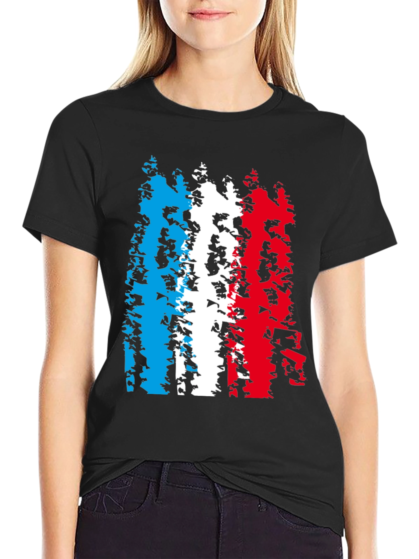 Camiseta Negra con Diseño Abstracto de la Bandera Francesa