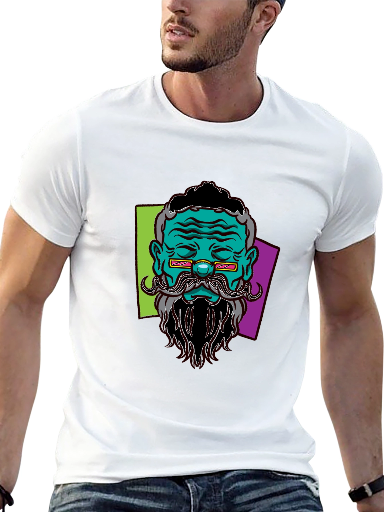 Camiseta Negra con Diseño de Cara Barbuda Abstracta