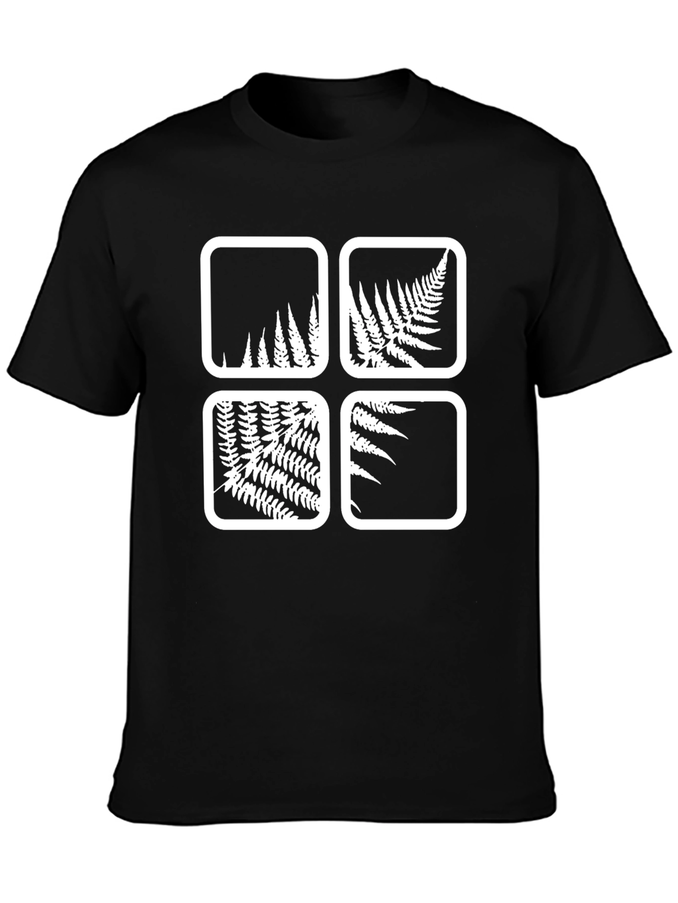 Camiseta Negra con Diseño de Helechos Cuadrados
