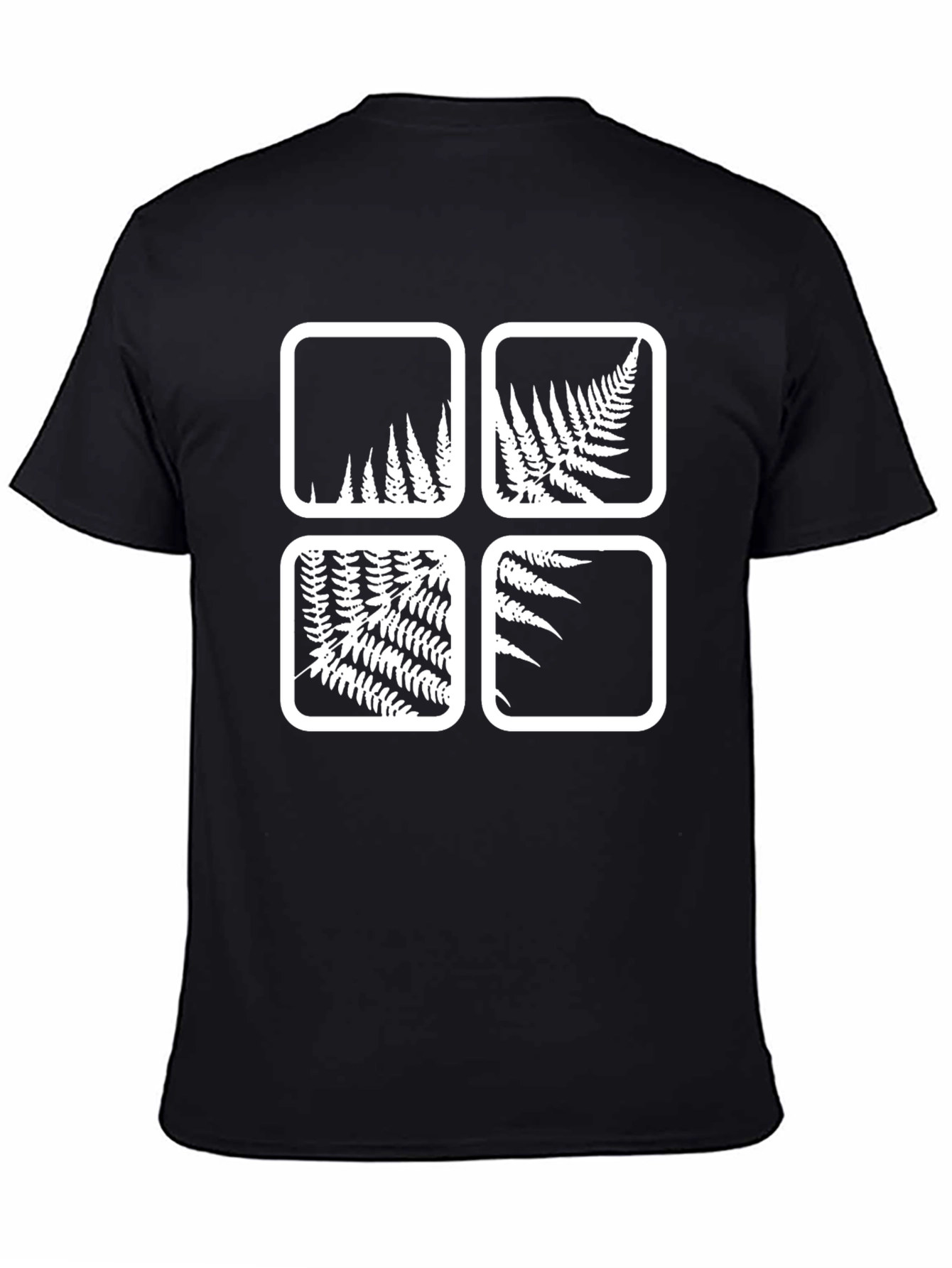 Camiseta Negra con Diseño de Helechos Cuadrados