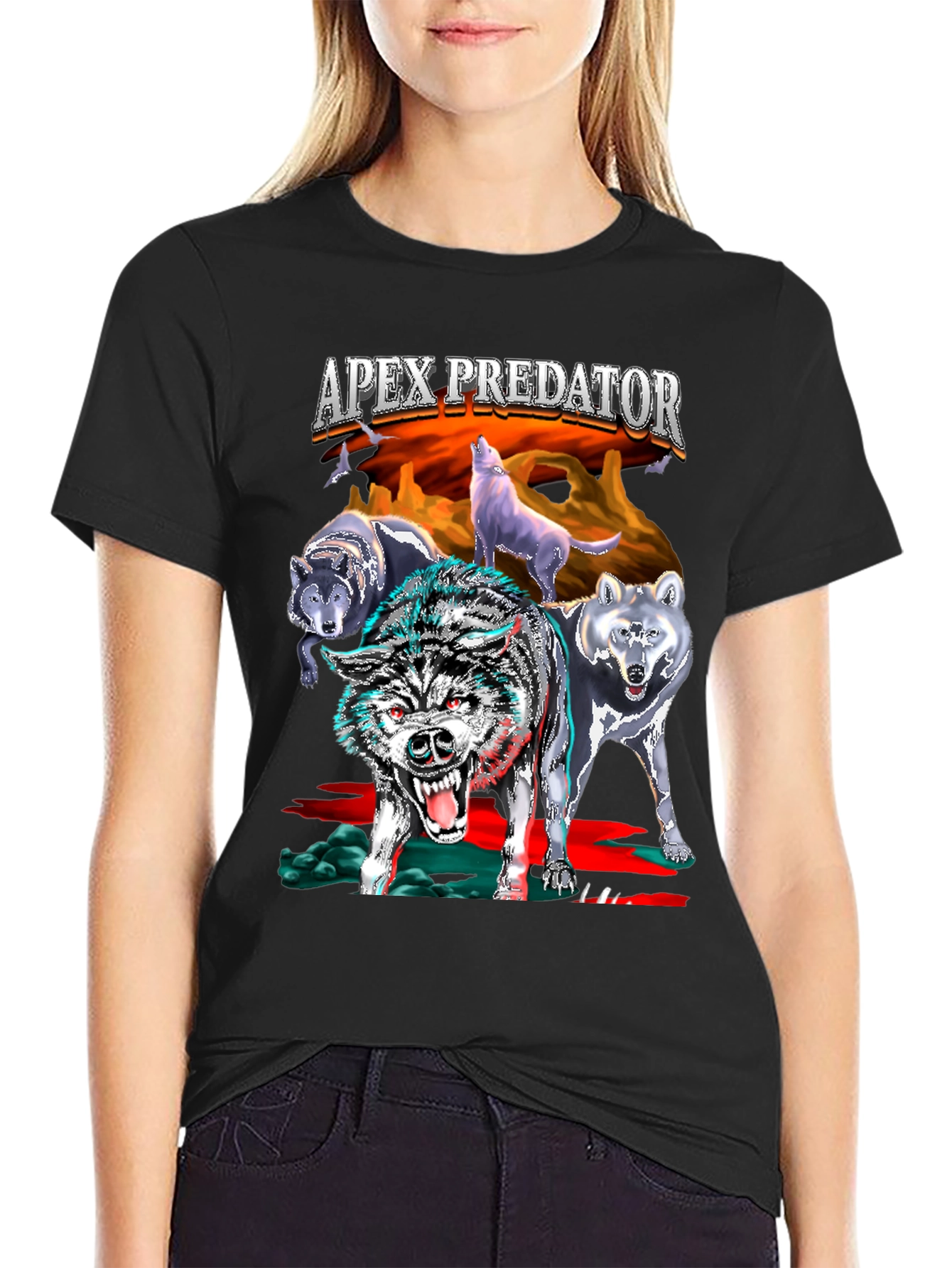 Camiseta Negra con Diseño de Lobos Apex Predator
