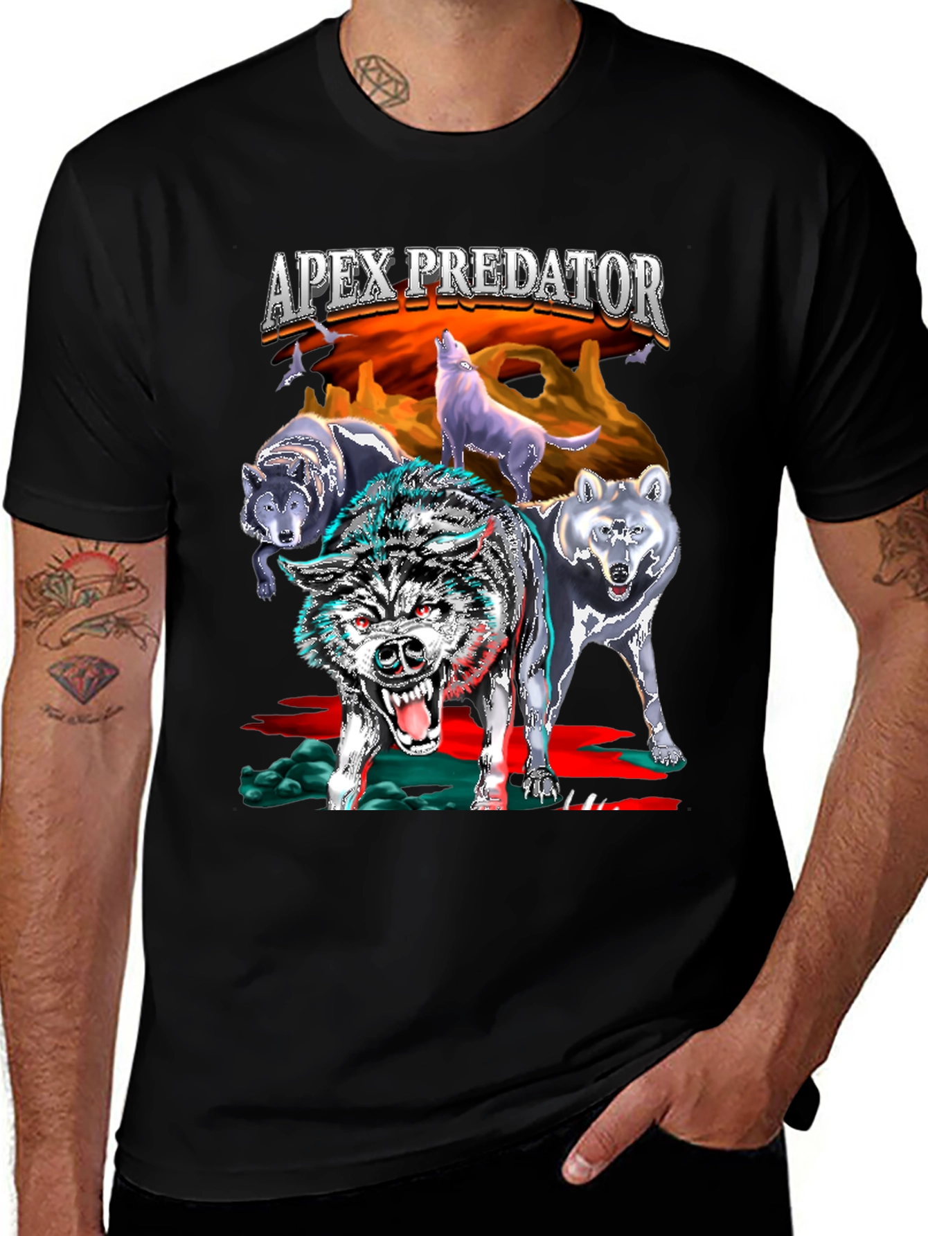 Camiseta Negra con Diseño de Lobos Apex Predator