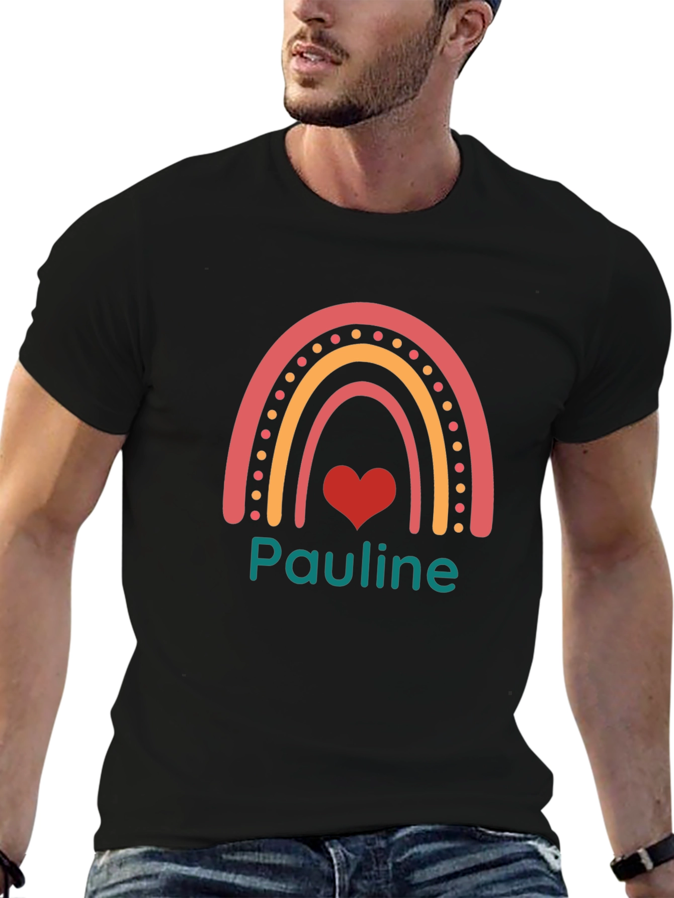 Camiseta Negra con Arcoíris y Nombre Pauline