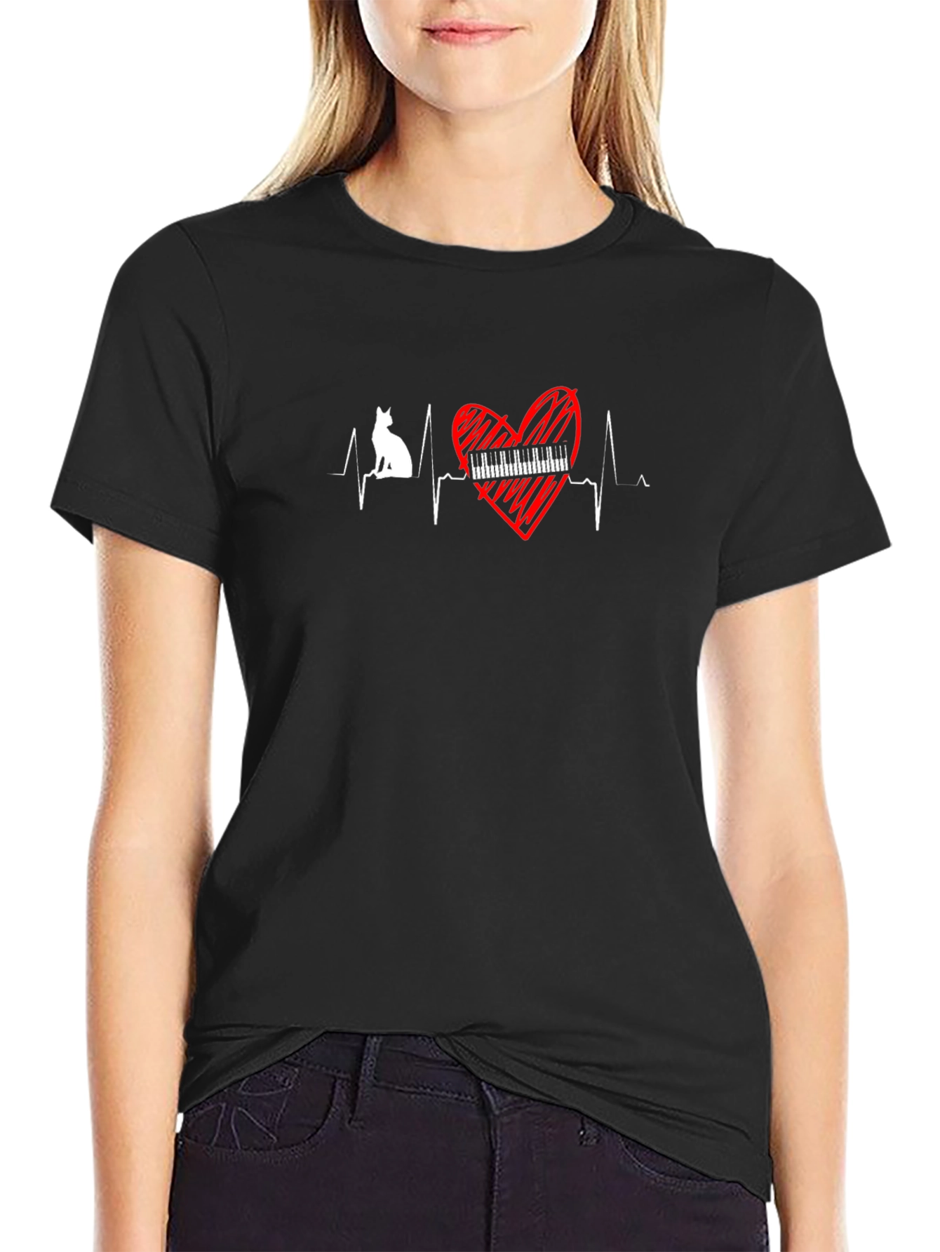 Camiseta Negra con Diseño de Latido de Corazón Gato y Piano