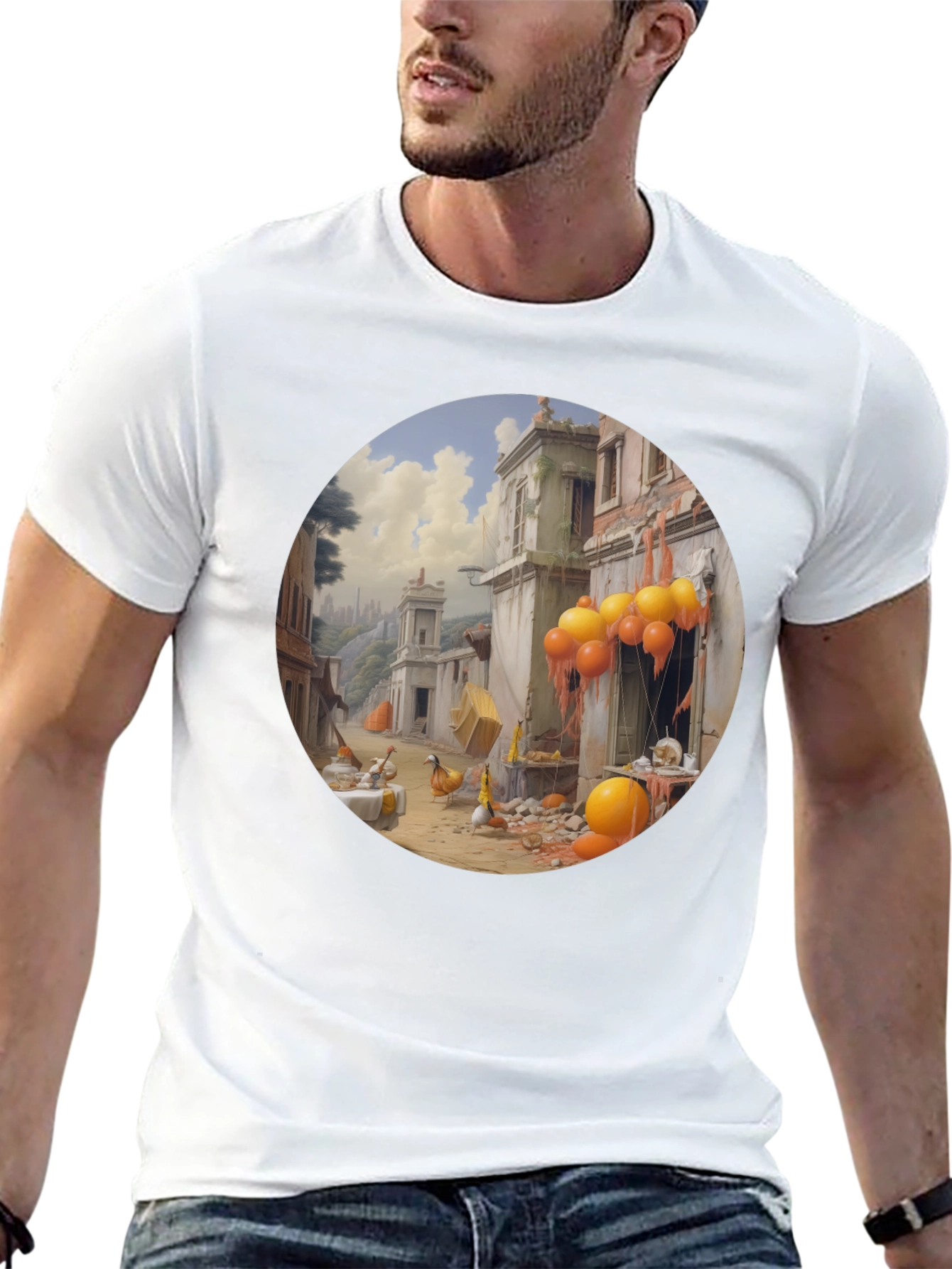 Camiseta Negra con Diseño Abstracto de Escena Urbana