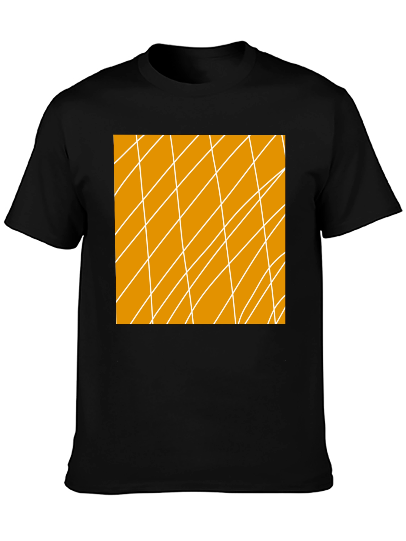 Camiseta Negra con Diseño Abstracto Naranja y Blanco
