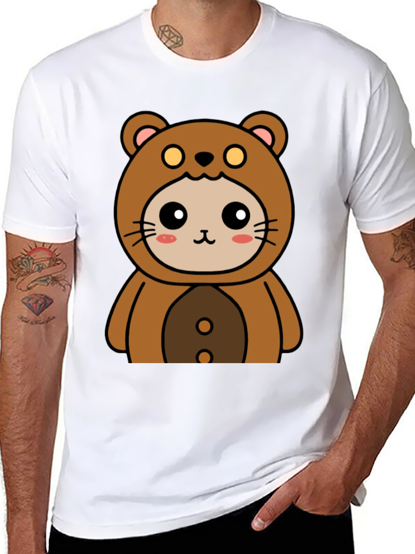 Camiseta Negra con Diseño de Oso Kawaii