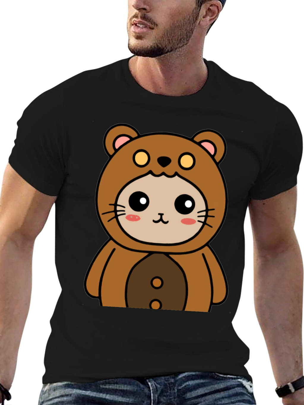Camiseta Negra con Diseño de Oso Kawaii