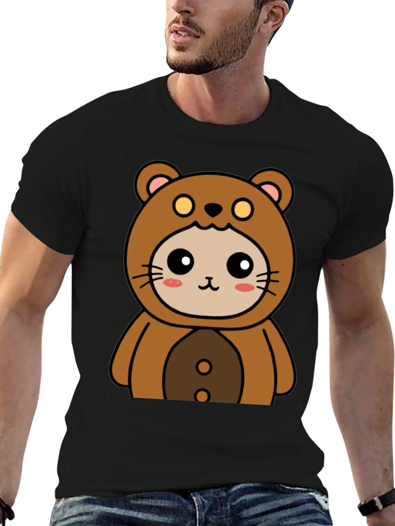 Camiseta Negra con Diseño de Oso Kawaii