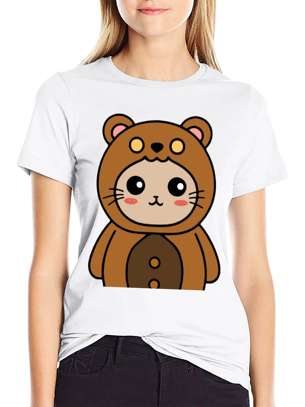 Camiseta Negra con Diseño de Oso Kawaii