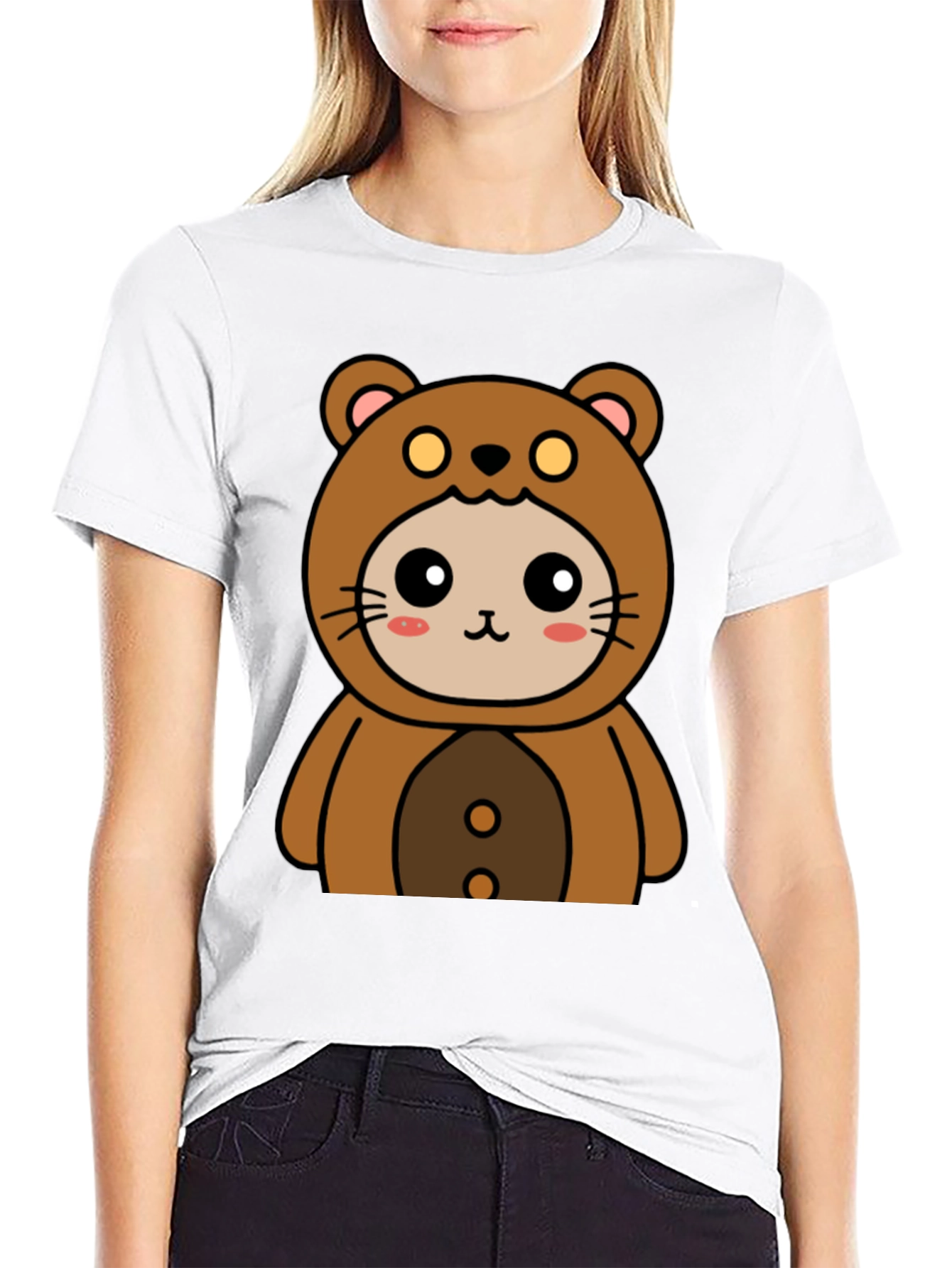 Camiseta Negra con Diseño de Oso Kawaii