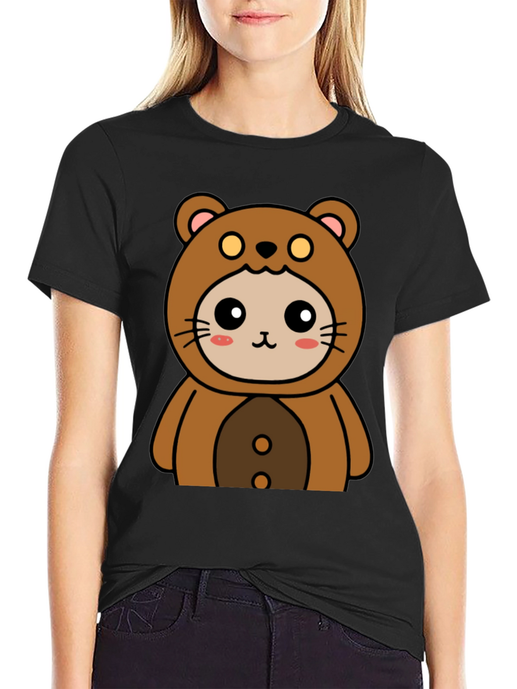 Camiseta Negra con Diseño de Oso Kawaii