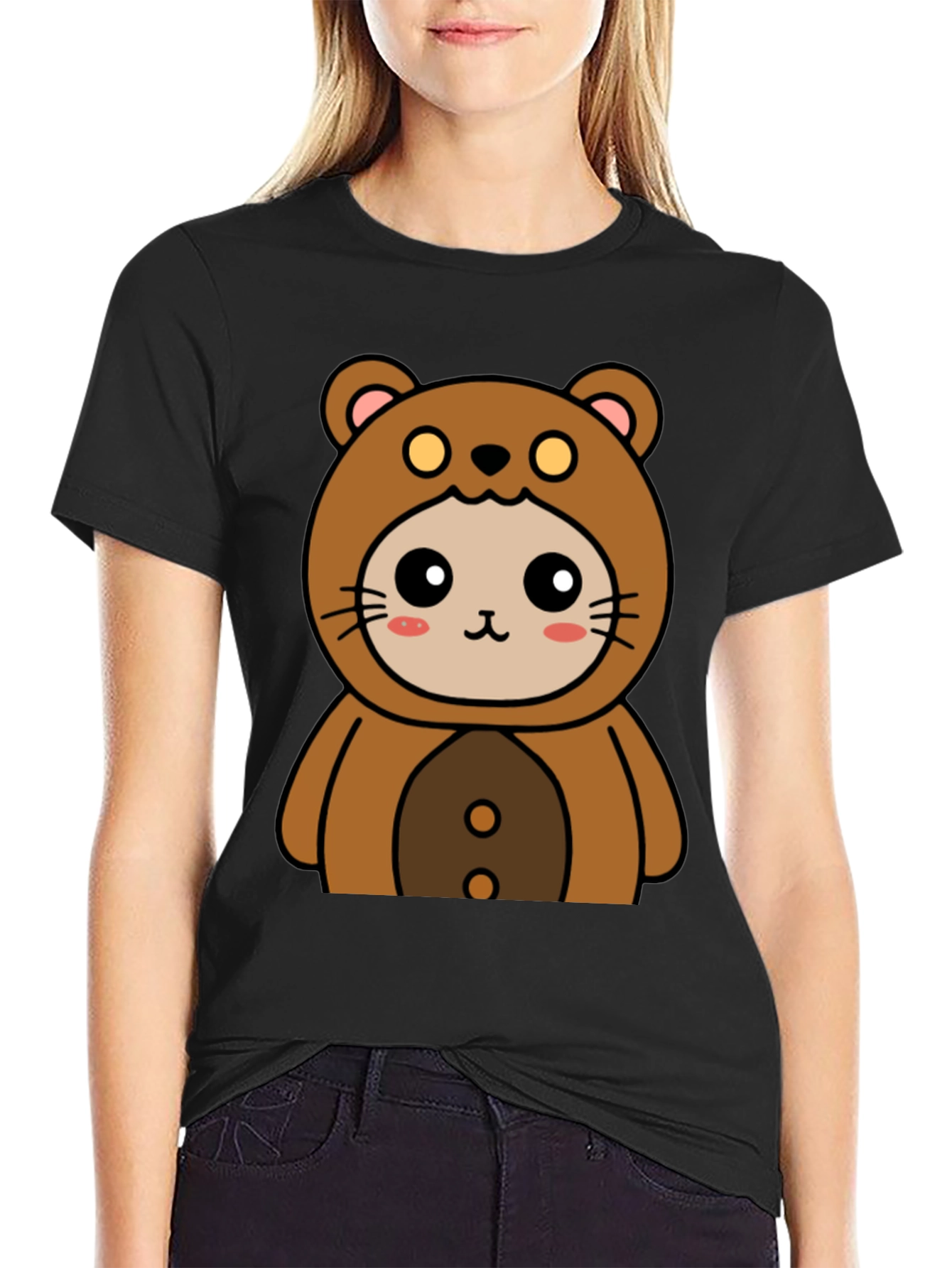Camiseta Negra con Diseño de Oso Kawaii