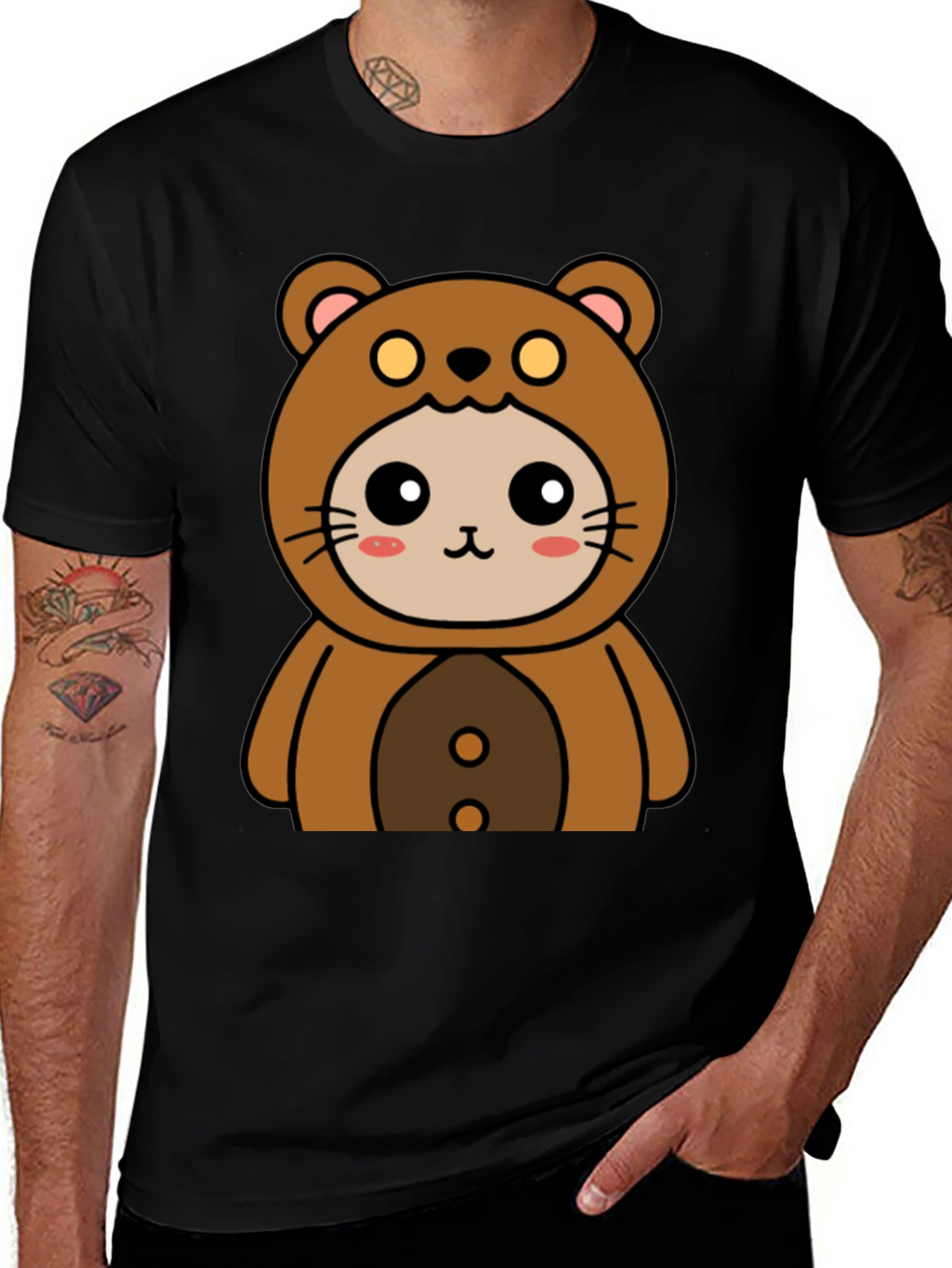 Camiseta Negra con Diseño de Oso Kawaii