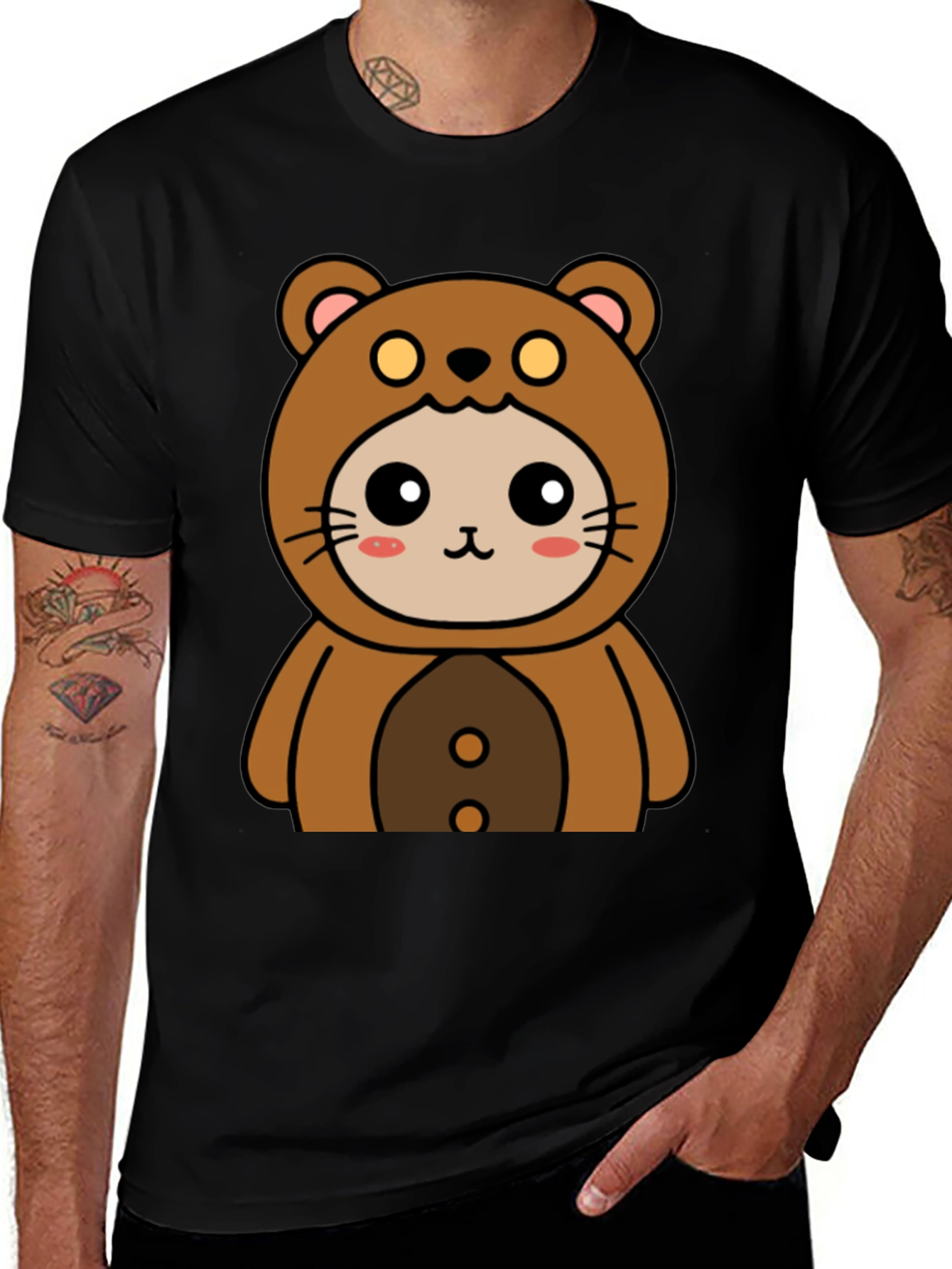 Camiseta Negra con Diseño de Oso Kawaii