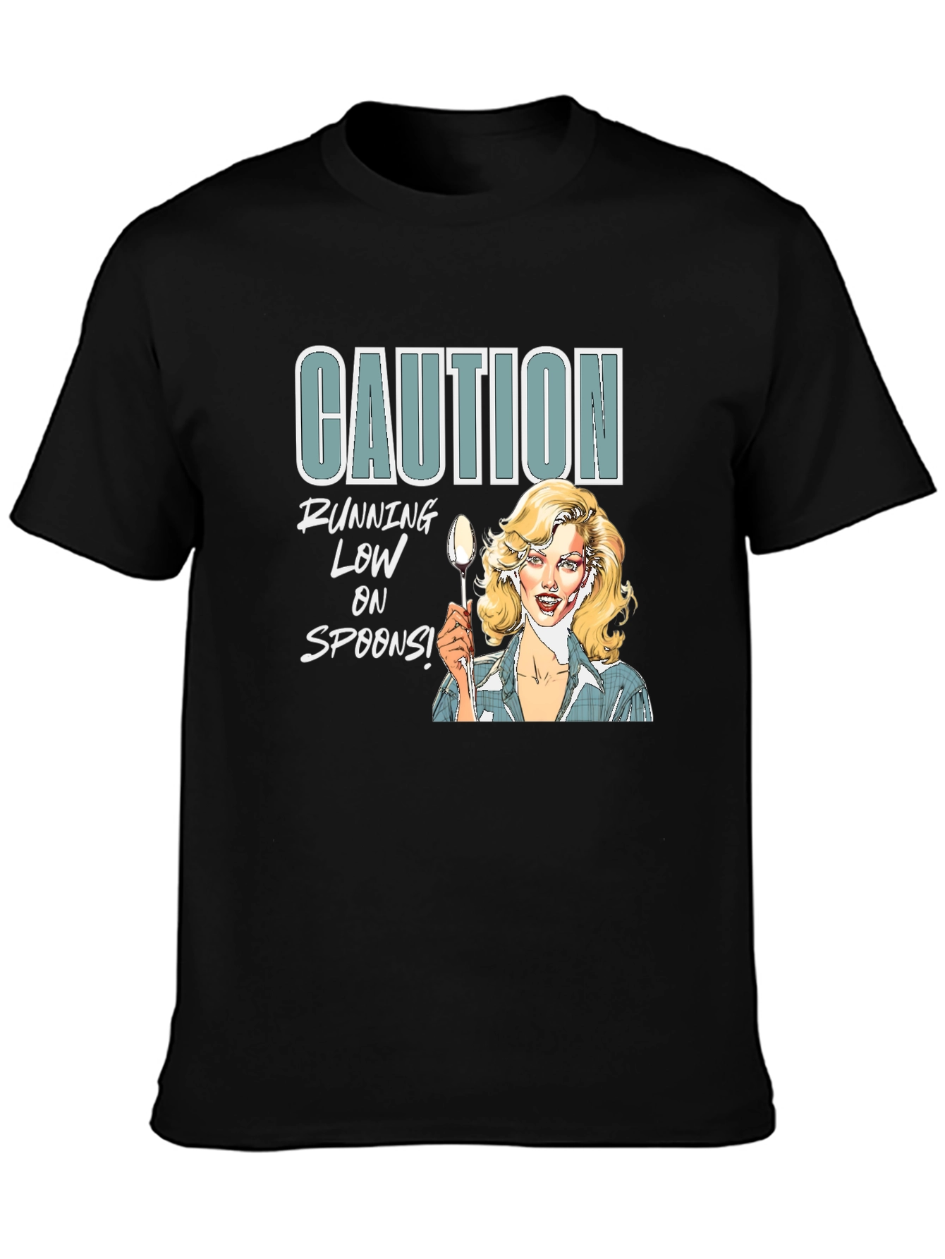Camiseta Negra Caution Running Low on Spoons
